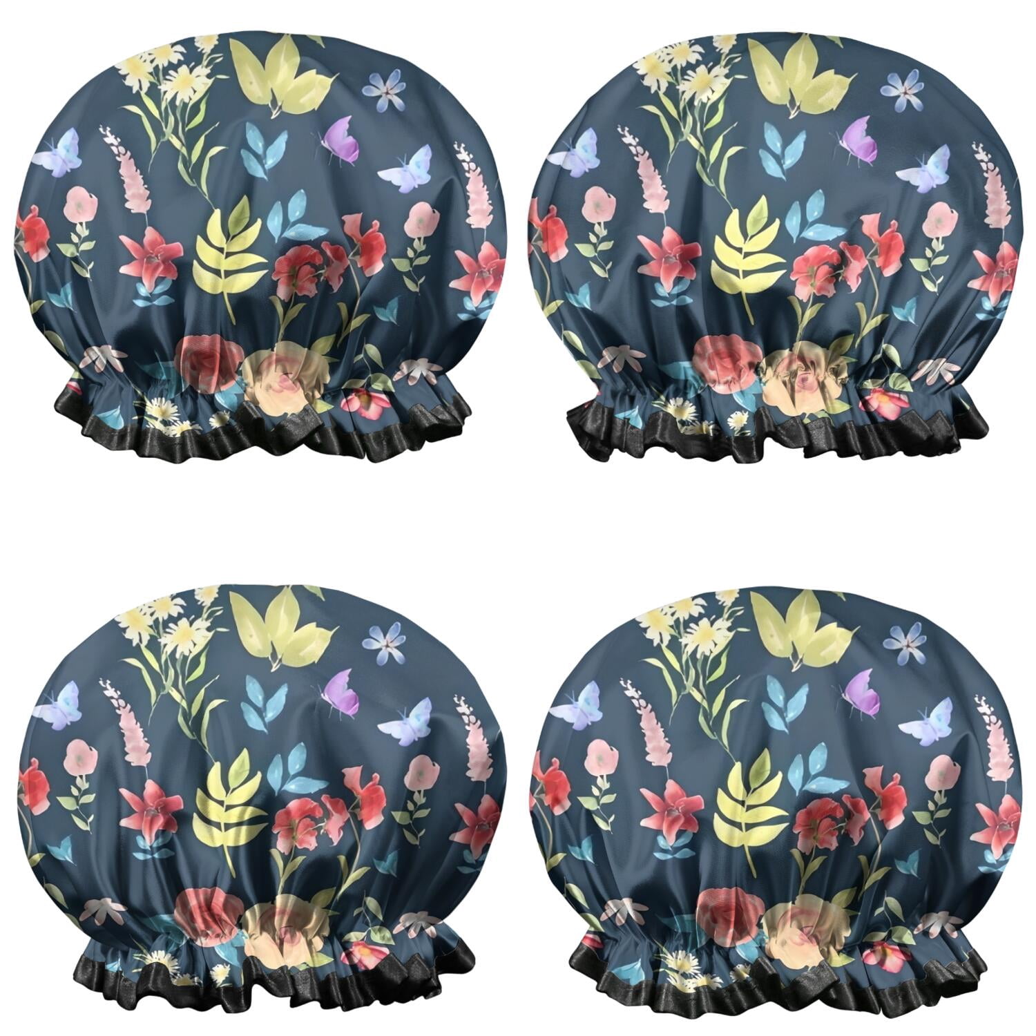 Shower Caps,Pioneer Flower Floral Print Pattern Waterproof Shower Cap for Women 4 Pieces,Double Reusable Hair Cover for Shower PEVA Elastic Stretch Hem