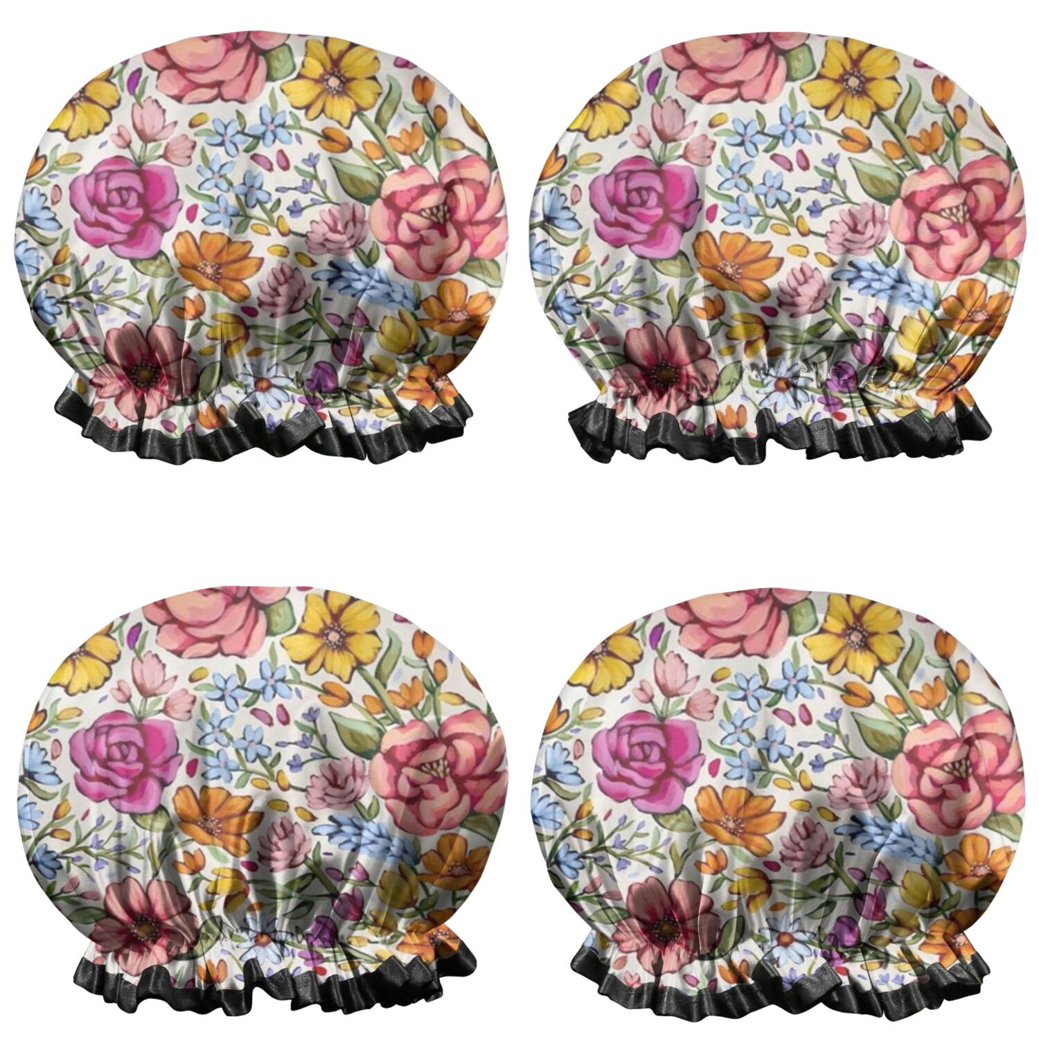 Shower Caps,Pioneer Flower Floral Print Pattern Waterproof Shower Cap for Women 4 Pieces,Double Reusable Hair Cover for Shower PEVA Elastic Stretch Hem