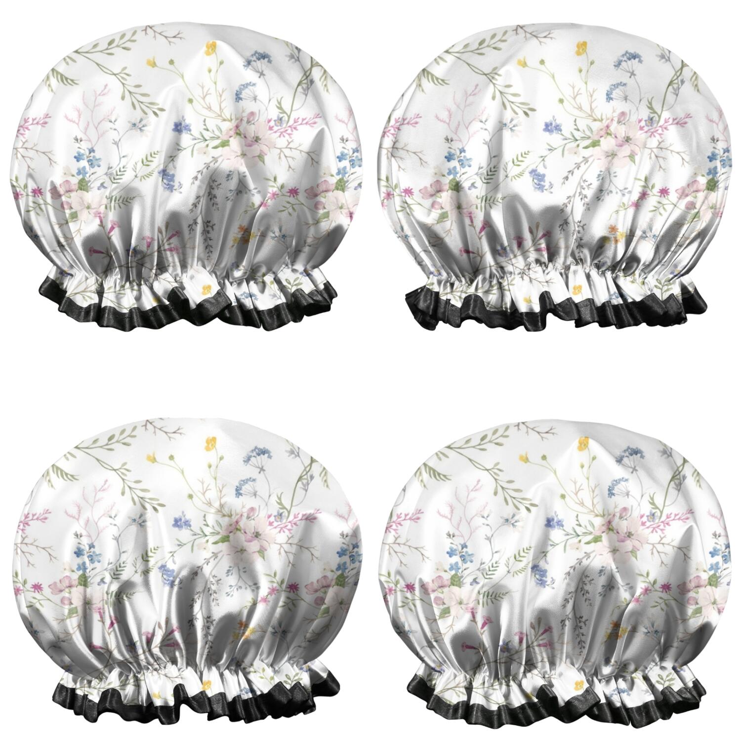 Shower Caps,Pioneer Flower Floral Print Pattern Waterproof Shower Cap for Women 4 Pieces,Double Reusable Hair Cover for Shower PEVA Elastic Stretch Hem