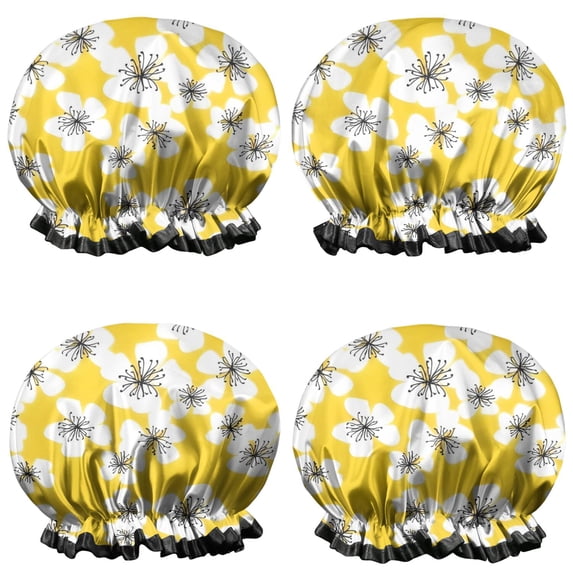 Shower Caps,Pioneer Flower Floral Print Pattern Waterproof Shower Cap for Women 4 Pieces,Double Reusable Hair Cover for Shower PEVA Elastic Stretch Hem
