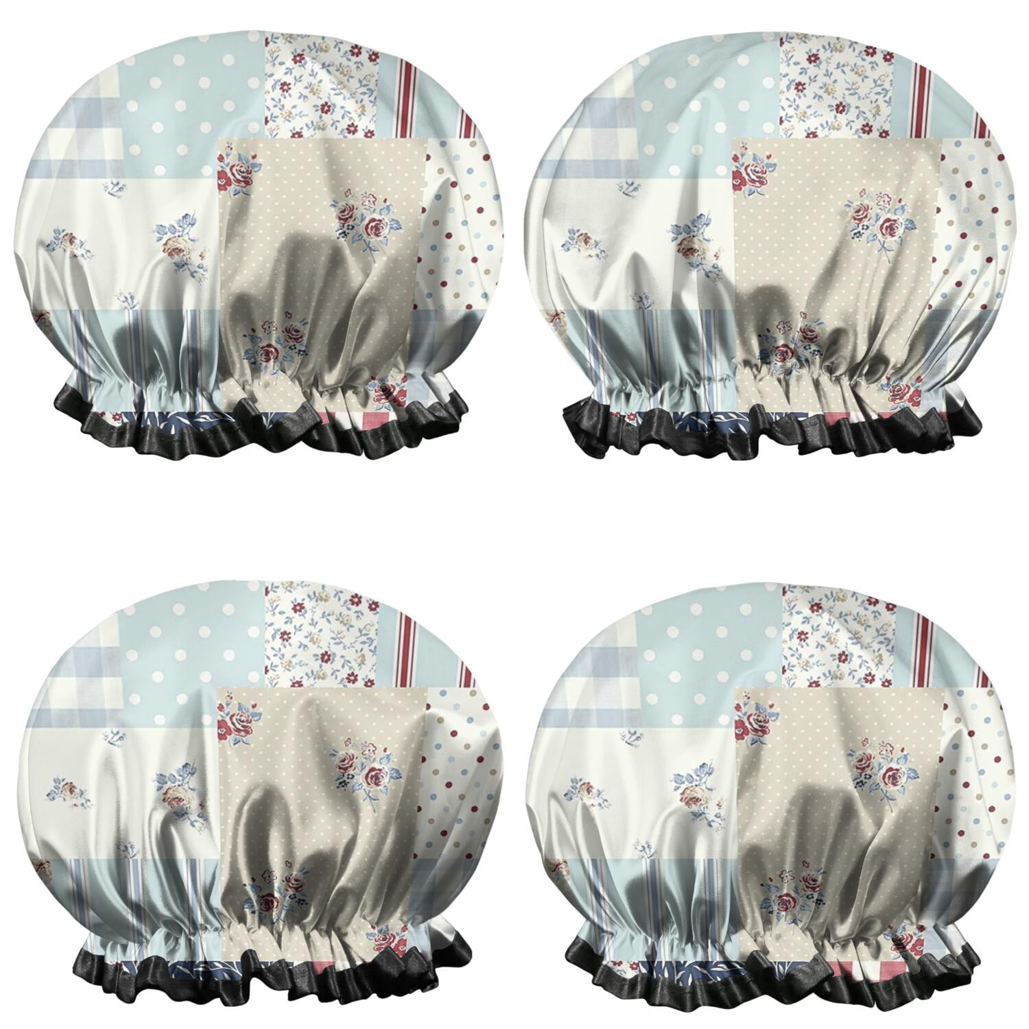 Shower Caps,Pioneer Flower Floral Print Pattern Waterproof Shower Cap for Women 4 Pieces,Double Reusable Hair Cover for Shower PEVA Elastic Stretch Hem