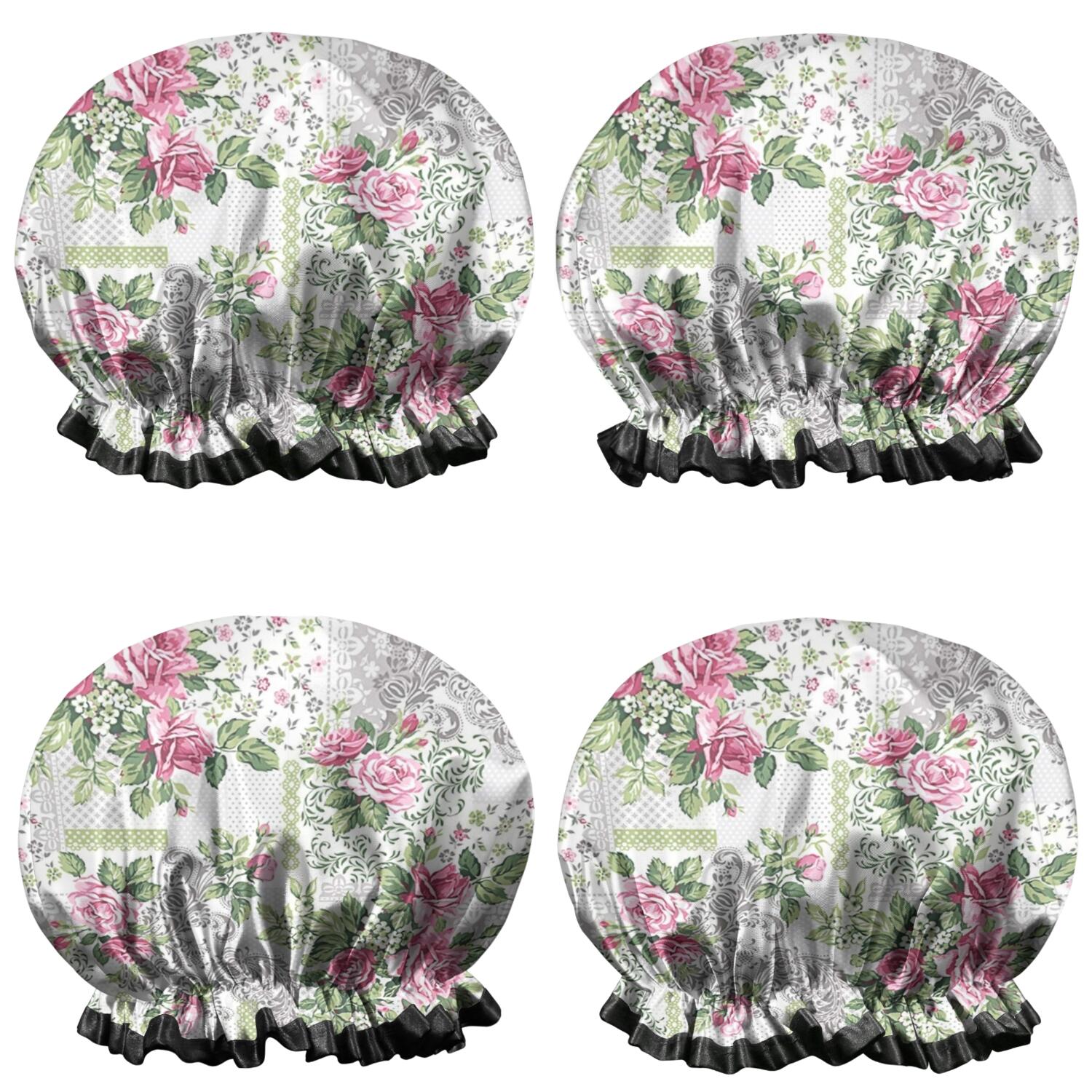 Shower Caps,Pioneer Flower Floral Print Pattern Waterproof Shower Cap for Women 4 Pieces,Double Reusable Hair Cover for Shower PEVA Elastic Stretch Hem