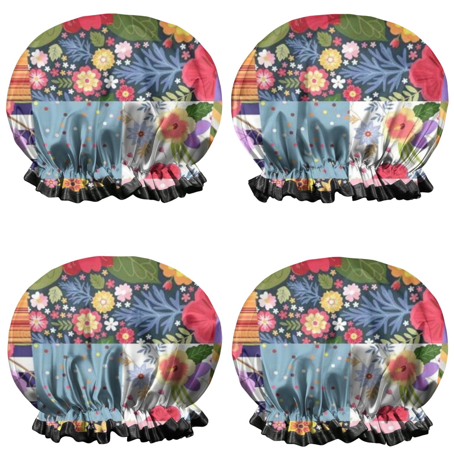 Shower Caps,Pioneer Flower Floral Print Pattern Waterproof Shower Cap for Women 4 Pieces,Double Reusable Hair Cover for Shower PEVA Elastic Stretch Hem