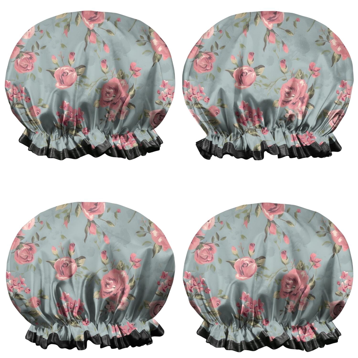 Shower Caps,Pioneer Flower Floral Print Pattern Waterproof Shower Cap for Women 4 Pieces,Double Reusable Hair Cover for Shower PEVA Elastic Stretch Hem