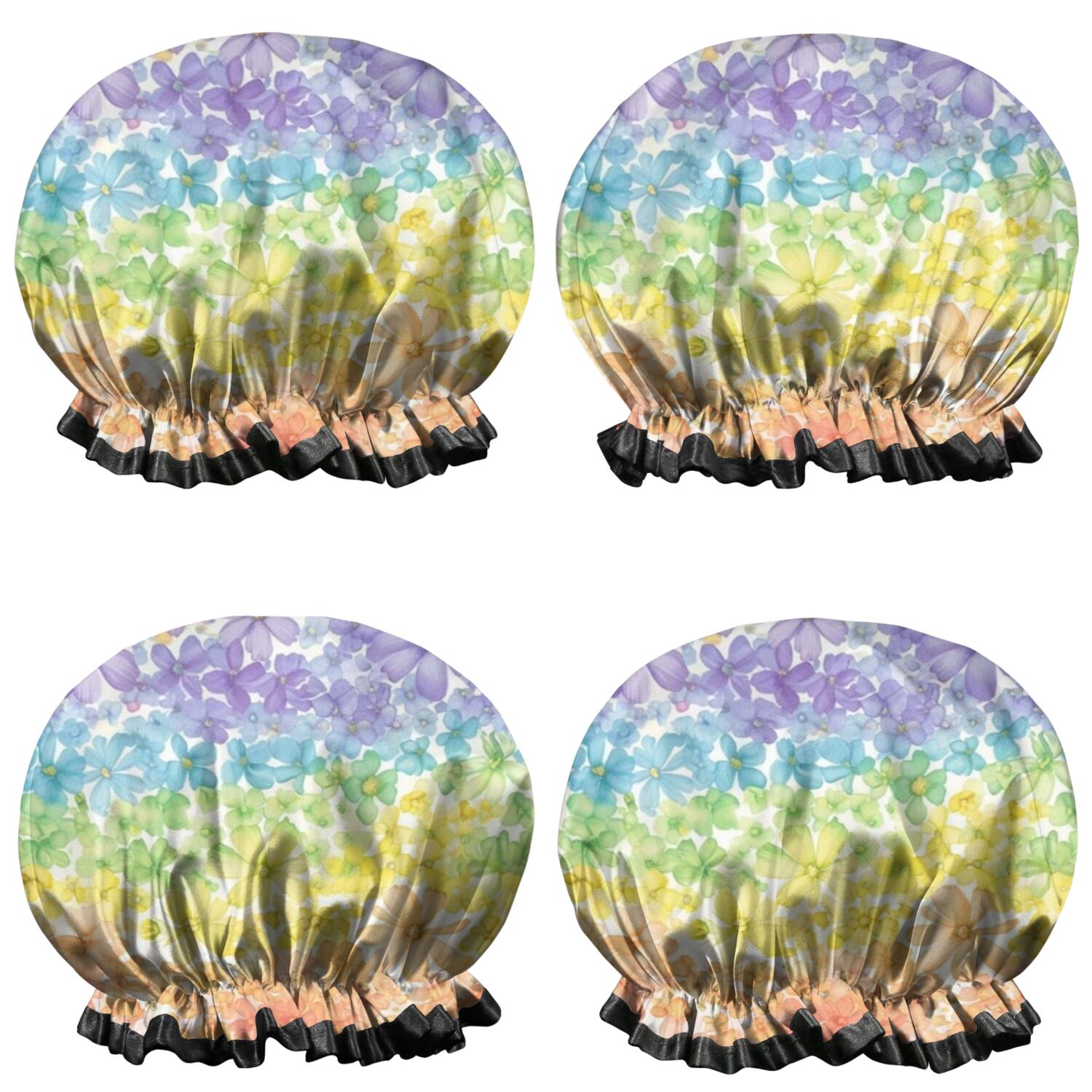 Shower Caps,Pioneer Flower Floral Print Pattern Waterproof Shower Cap for Women 4 Pieces,Double Reusable Hair Cover for Shower PEVA Elastic Stretch Hem