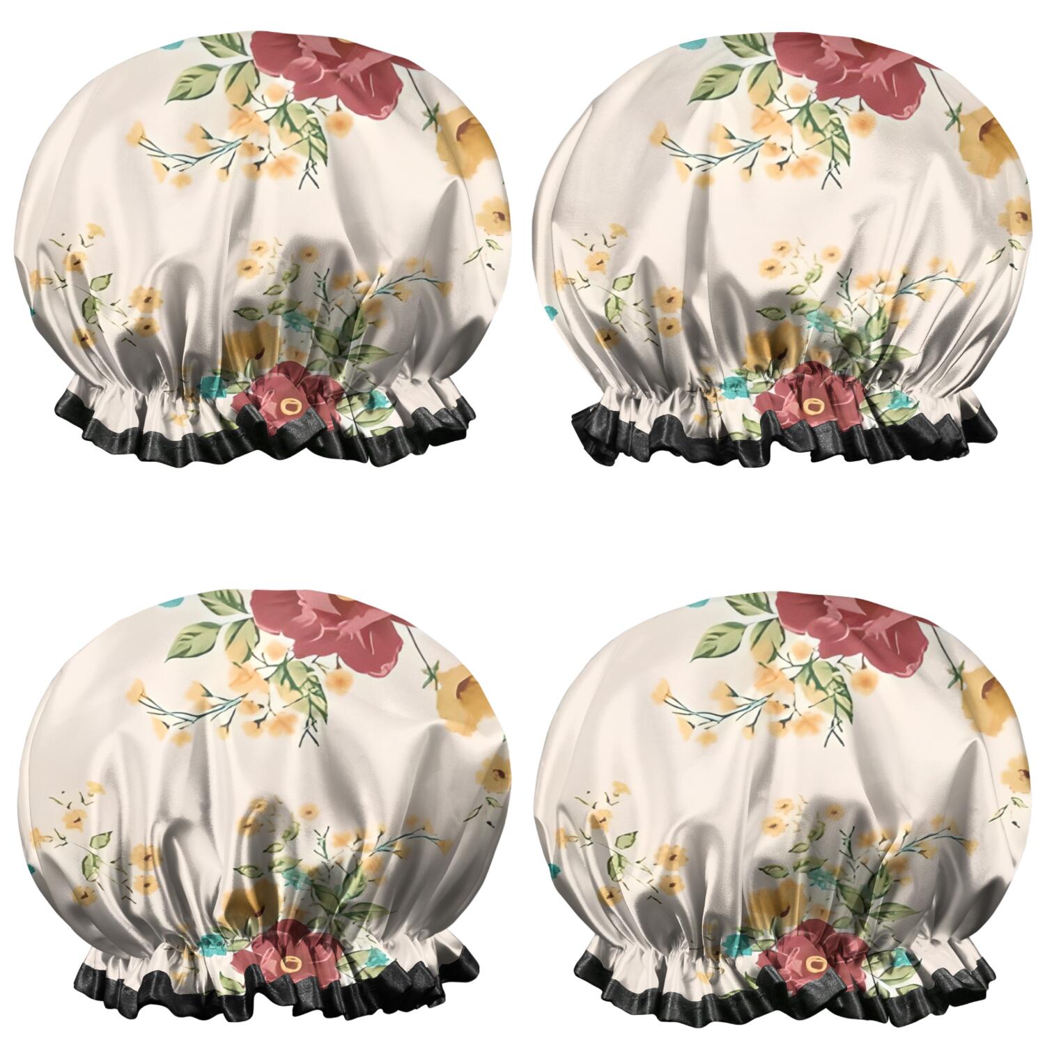 Shower Caps,Pioneer Flower Floral Print Pattern Waterproof Shower Cap for Women 4 Pieces,Double Reusable Hair Cover for Shower PEVA Elastic Stretch Hem