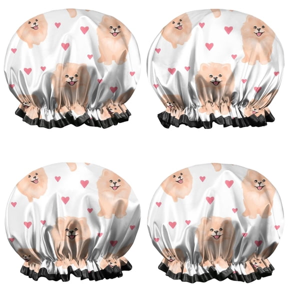 Shower Caps,Pomeranian Dogs with Hearts Waterproof Shower Cap for Women 4 Pieces,Double Reusable Hair Cover for Shower PEVA Elastic Stretch Hem
