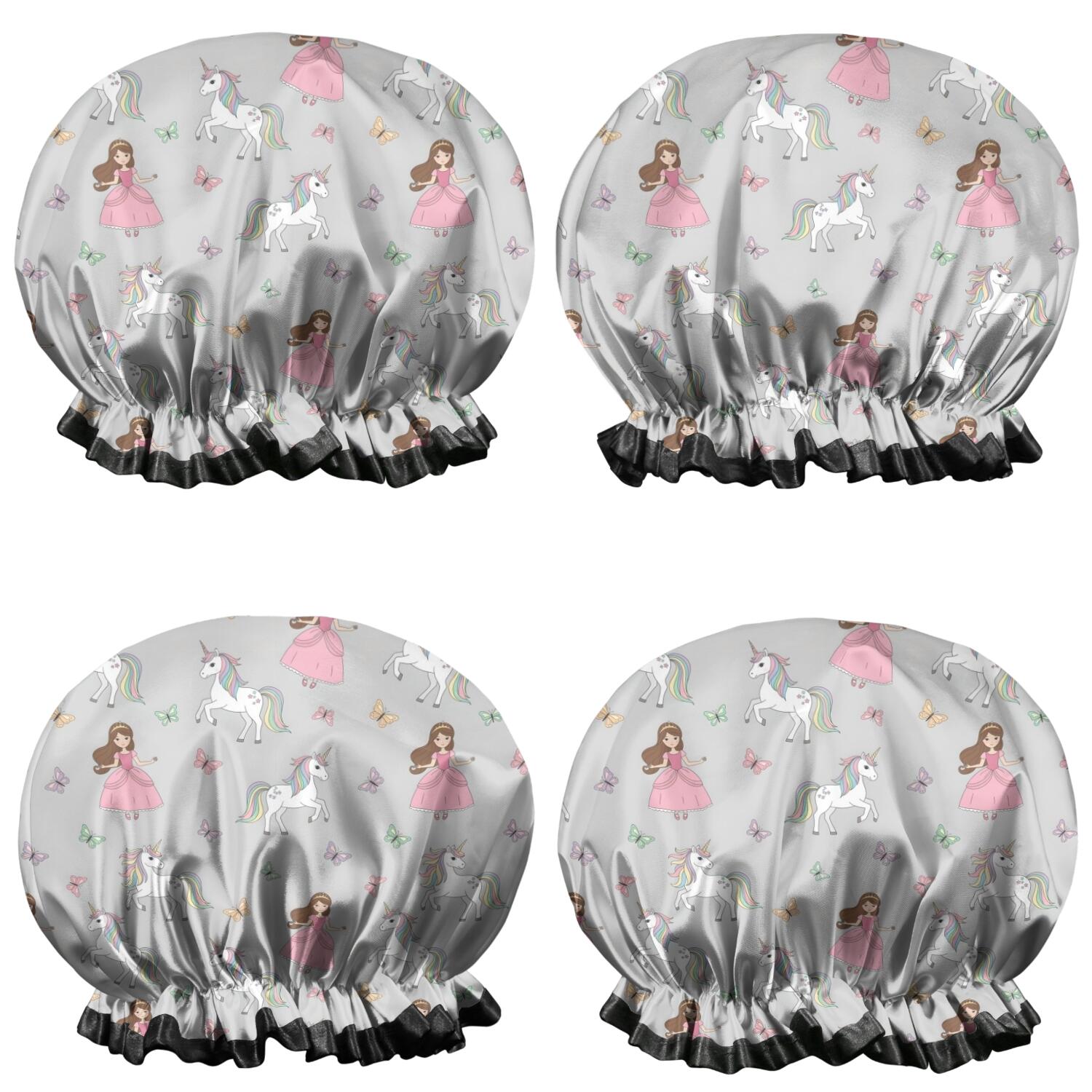 Shower Caps,Princess Unicorn Butterfly Pattern Waterproof Shower Cap for Women 4 Pieces,Double Reusable Hair Cover for Shower PEVA Elastic Stretch Hem