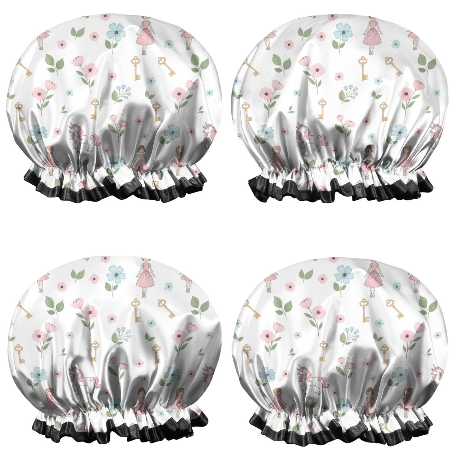 Shower Caps,Princess Unicorn Flower Pattern Waterproof Shower Cap for Women 4 Pieces,Double Reusable Hair Cover for Shower PEVA Elastic Stretch Hem