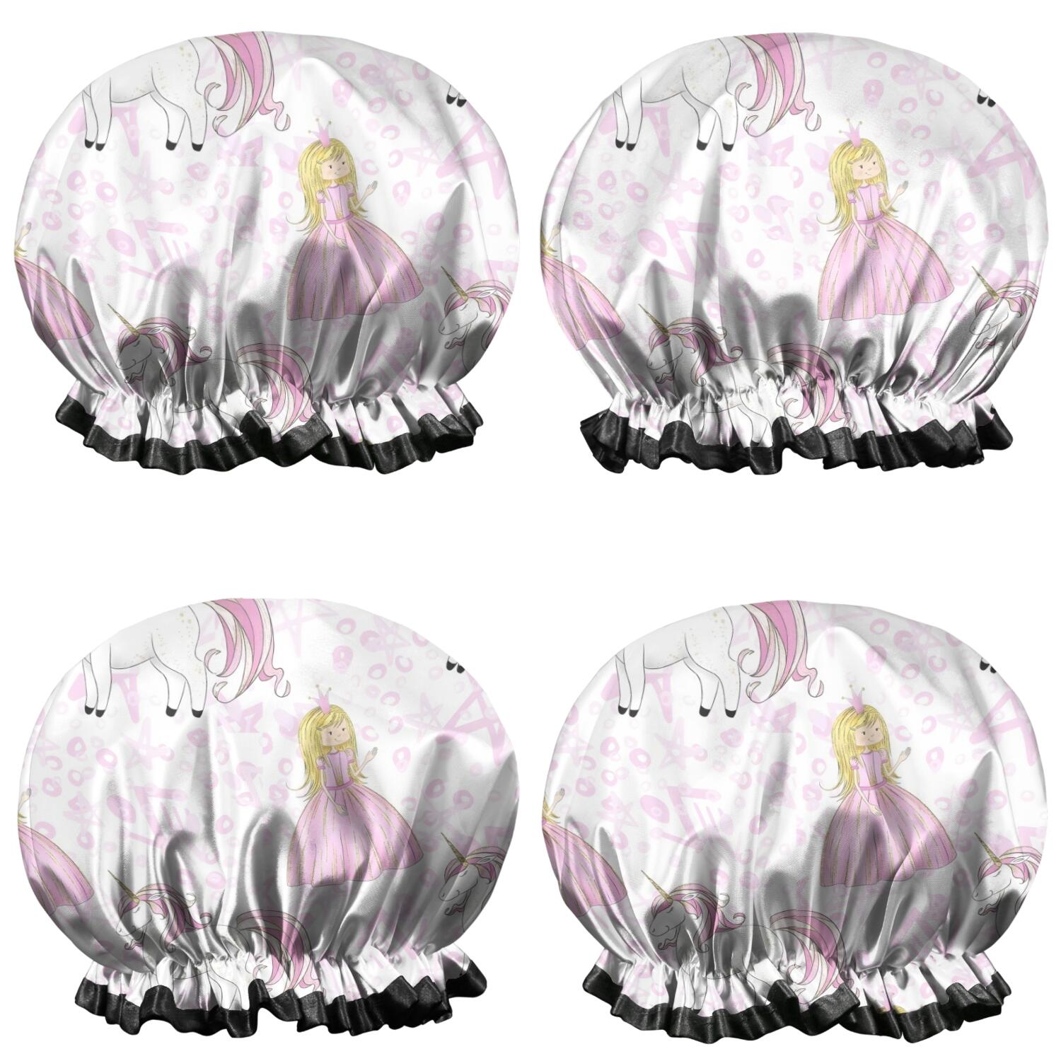 Shower Caps,Princess Unicorn Pattern Waterproof Shower Cap for Women 4 Pieces,Double Reusable Hair Cover for Shower PEVA Elastic Stretch Hem