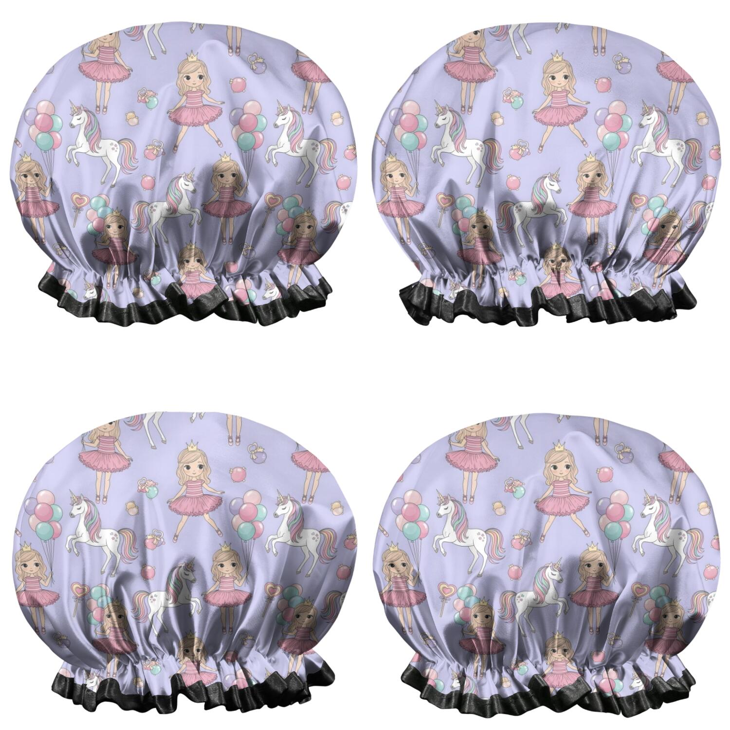 Shower Caps,Princess and Unicorn Pattern Waterproof Shower Cap for Women 4 Pieces,Double Reusable Hair Cover for Shower PEVA Elastic Stretch Hem