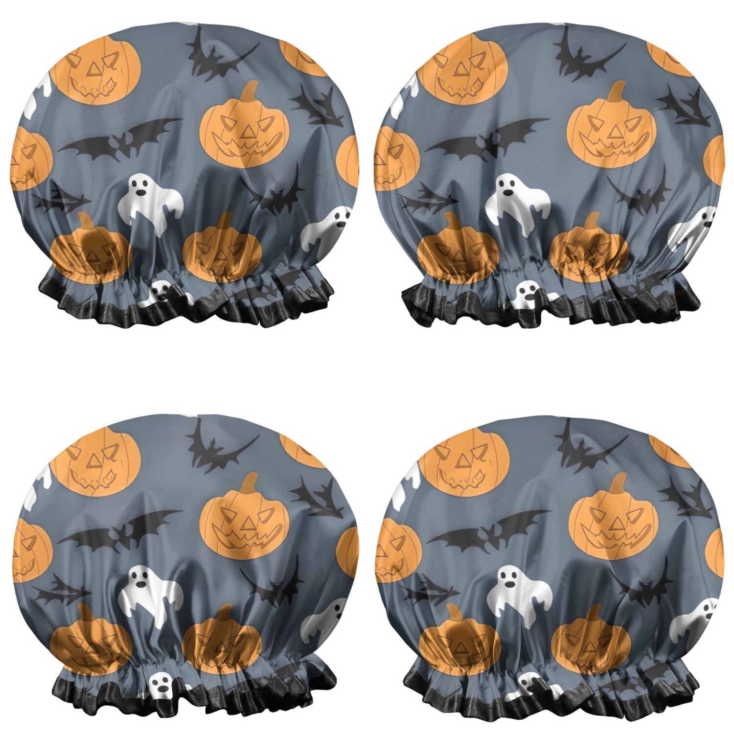 Shower Caps,Pumpkin Ghost Bat Halloween Pattern Waterproof Shower Cap for Women 4 Pieces,Double Reusable Hair Cover for Shower PEVA Elastic Stretch Hem