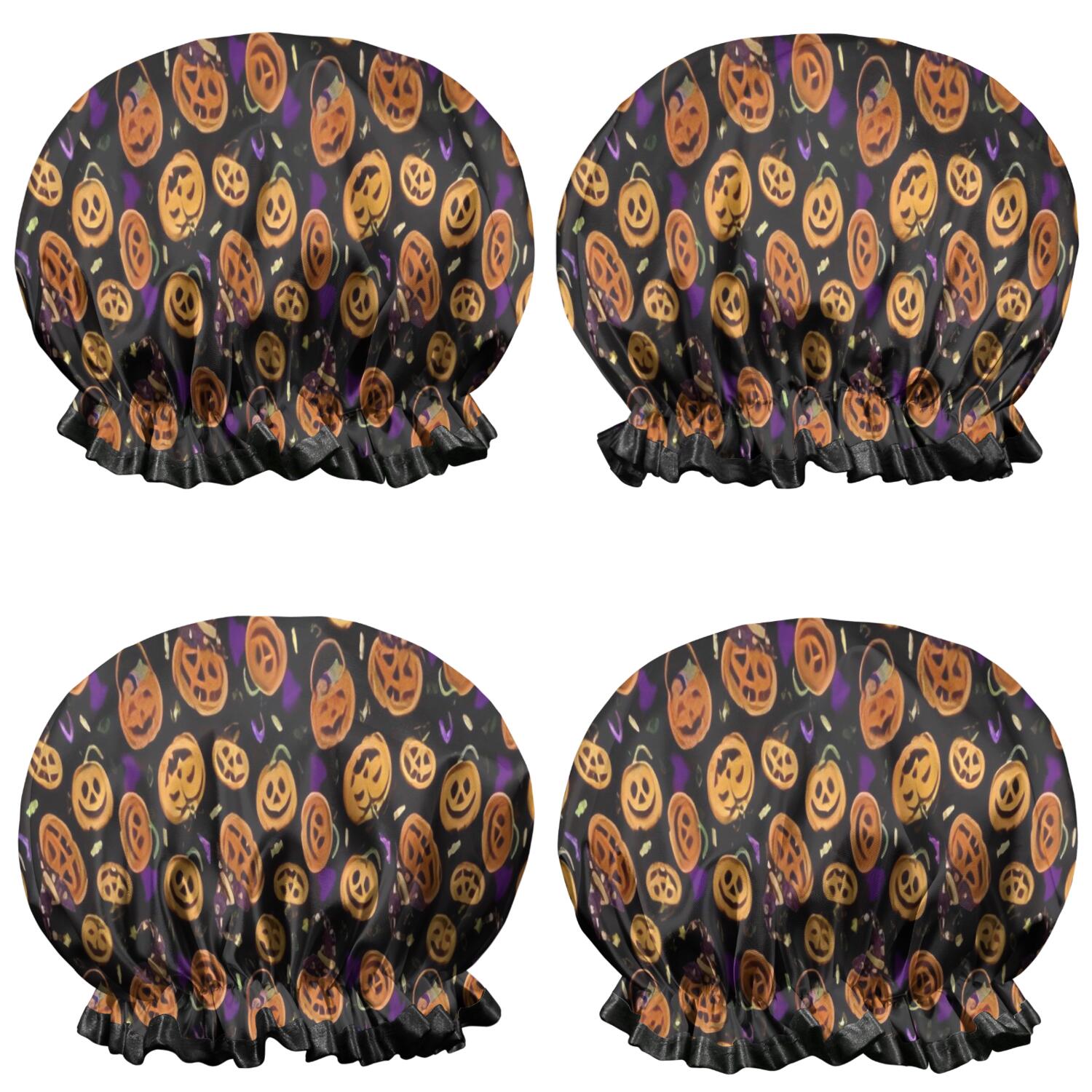 Shower Caps,Pumpkin Pattern Halloween Waterproof Shower Cap for Women 4 Pieces,Double Reusable Hair Cover for Shower PEVA Elastic Stretch Hem