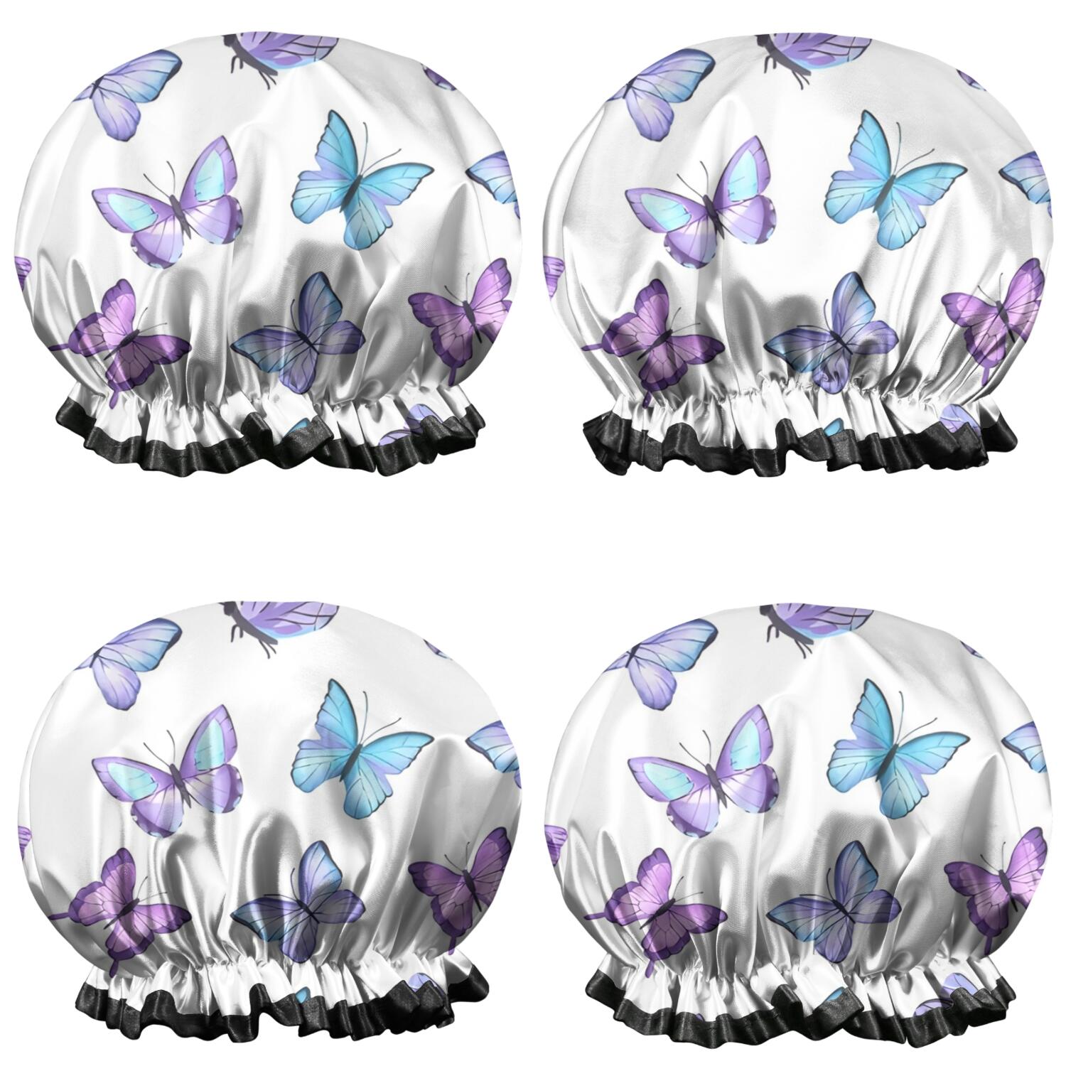 Shower Caps,Purple Blue Butterfly Pattern Waterproof Shower Cap for Women 4 Pieces,Double Reusable Hair Cover for Shower PEVA Elastic Stretch Hem