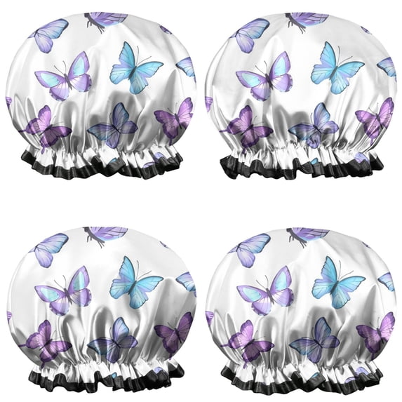 Shower Caps,Purple Blue Butterfly Pattern Waterproof Shower Cap for Women 4 Pieces,Double Reusable Hair Cover for Shower PEVA Elastic Stretch Hem