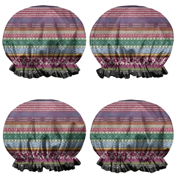 Shower Caps,Purple Boho Tribal Stripes and Hearts Pattern Waterproof Shower Cap for Women 4 Pieces,Double Reusable Hair Cover for Shower PEVA Elastic Stretch Hem