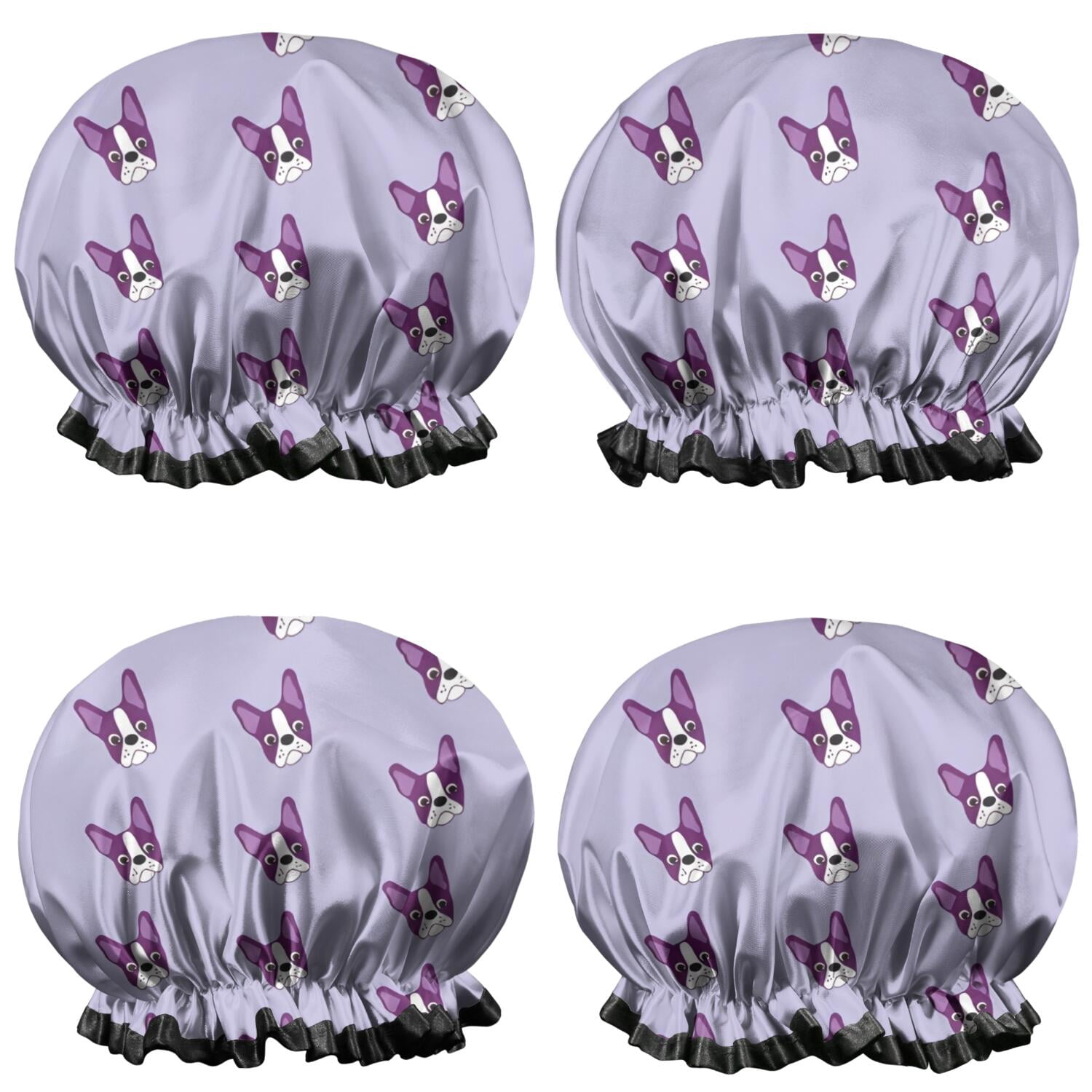 Shower Caps,Purple Boston Terrier Puppy Waterproof Shower Cap for Women 4 Pieces,Double Reusable Hair Cover for Shower PEVA Elastic Stretch Hem