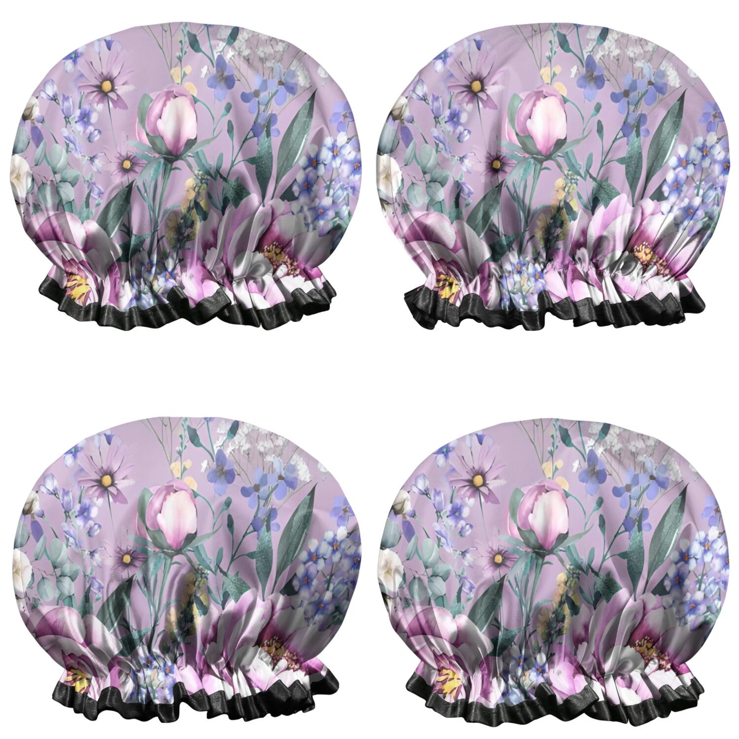 Shower Caps,Purple Butterfly Flower Butterfly Pattern Waterproof Shower Cap for Women 4 Pieces,Double Reusable Hair Cover for Shower PEVA Elastic Stretch Hem