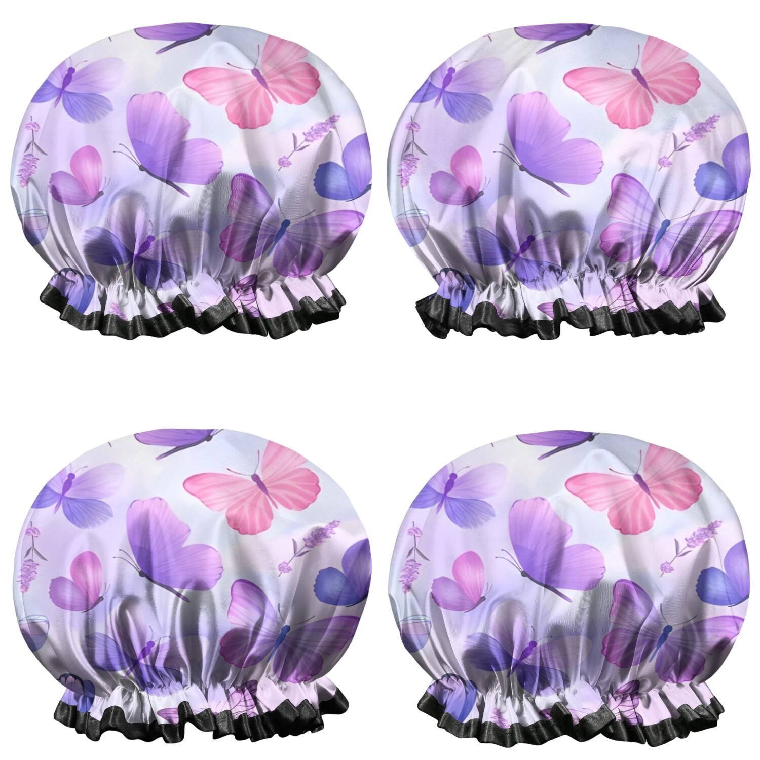 Shower Caps,Purple Butterfly Lavender Pattern Waterproof Shower Cap for Women 4 Pieces,Double Reusable Hair Cover for Shower PEVA Elastic Stretch Hem
