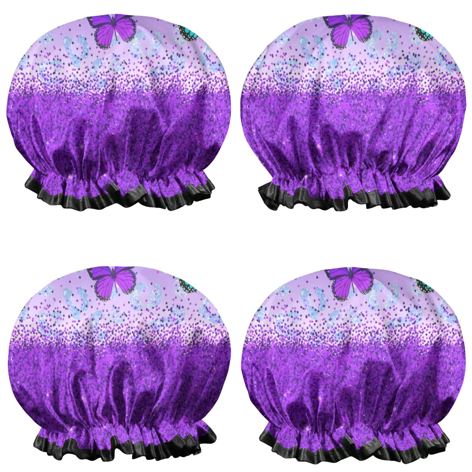 Shower Caps,Purple Butterfly Leopard Pattern Waterproof Shower Cap for Women 4 Pieces,Double Reusable Hair Cover for Shower PEVA Elastic Stretch Hem