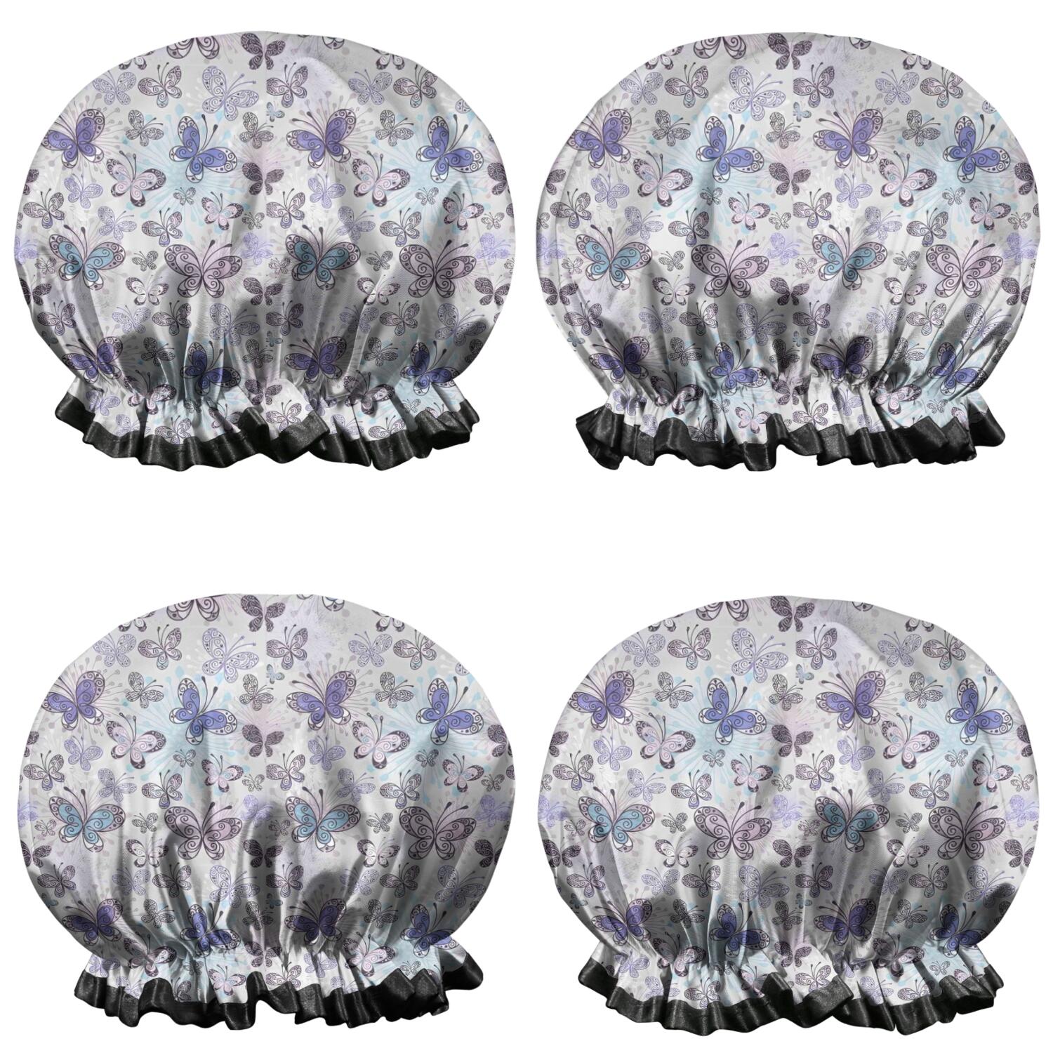 Shower Caps,Purple Butterfly Pattern Waterproof Shower Cap for Women 4 Pieces,Double Reusable Hair Cover for Shower PEVA Elastic Stretch Hem