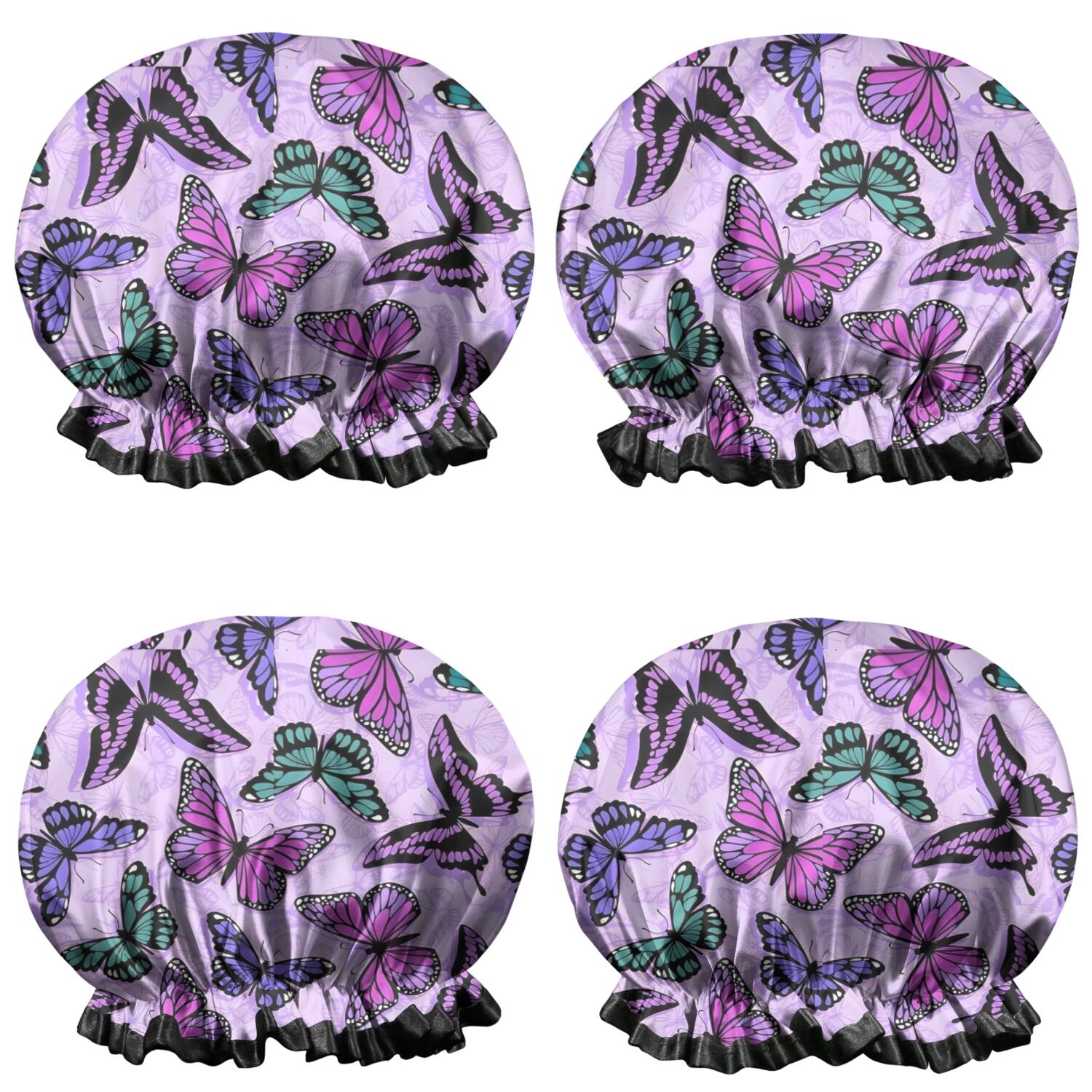 Shower Caps,Purple Butterfly Pattern Waterproof Shower Cap for Women 4 Pieces,Double Reusable Hair Cover for Shower PEVA Elastic Stretch Hem