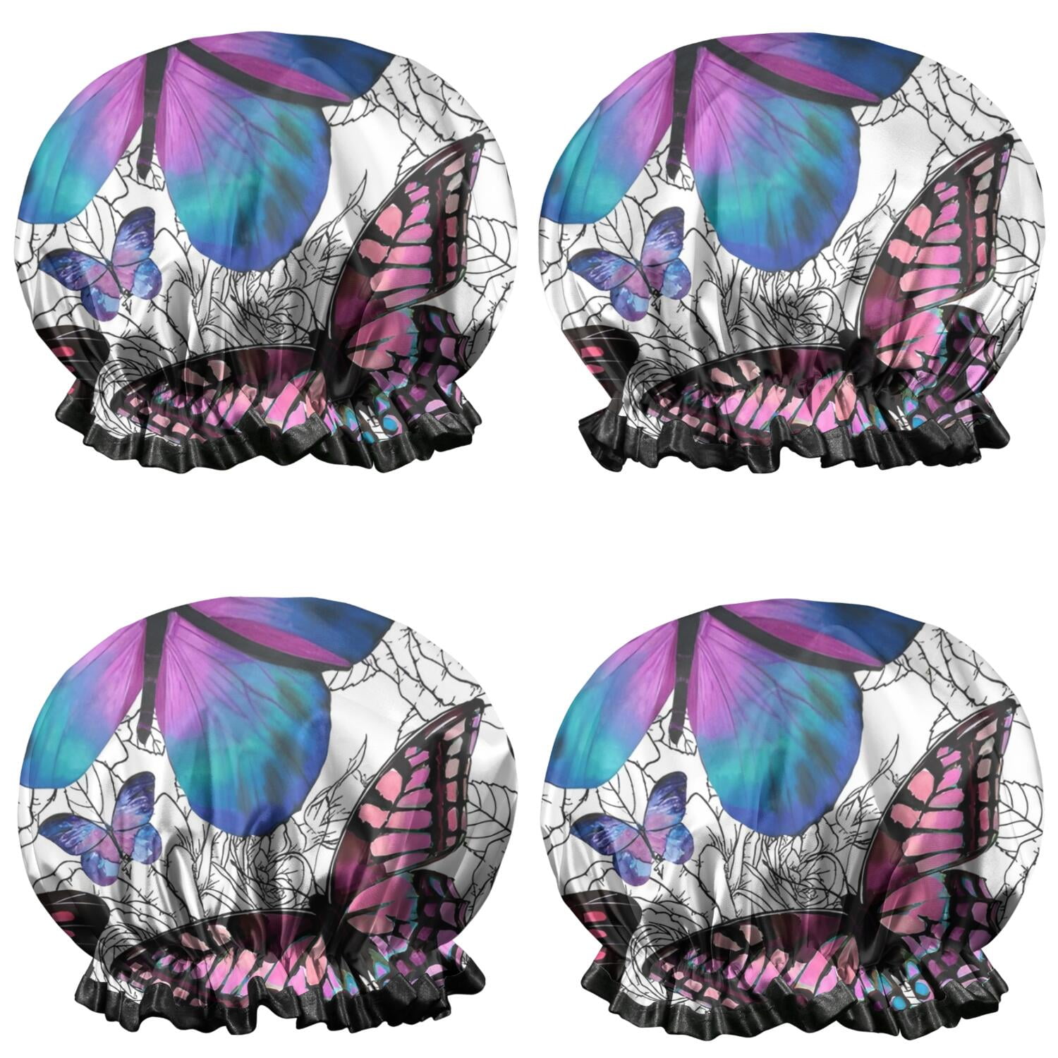 Shower Caps,Purple Butterfly Rose Pattern Waterproof Shower Cap for Women 4 Pieces,Double Reusable Hair Cover for Shower PEVA Elastic Stretch Hem