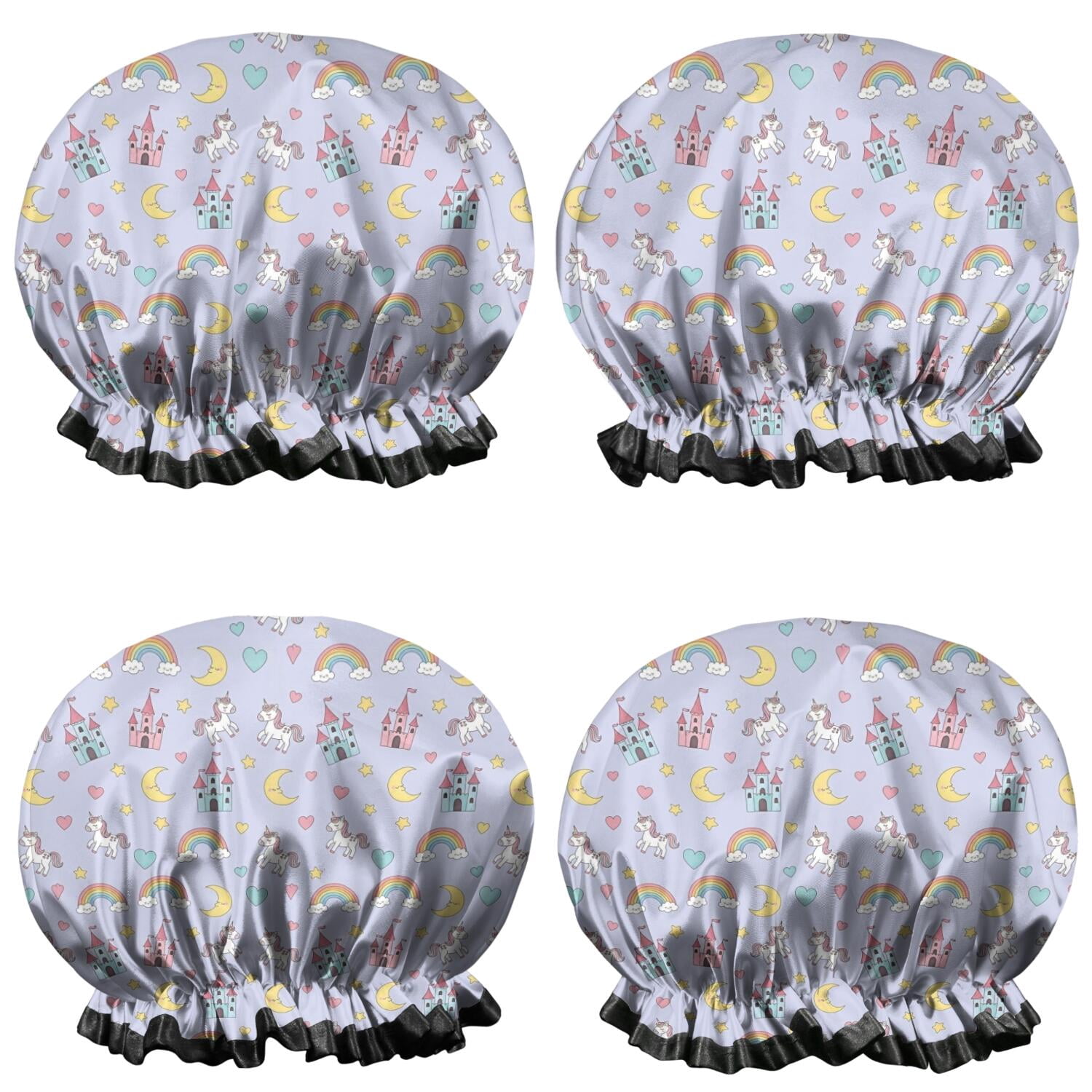 Shower Caps,Purple Cartoon Unicorn Castle Rainbow Moon Heart Waterproof Shower Cap for Women 4 Pieces,Double Reusable Hair Cover for Shower PEVA Elastic Stretch Hem