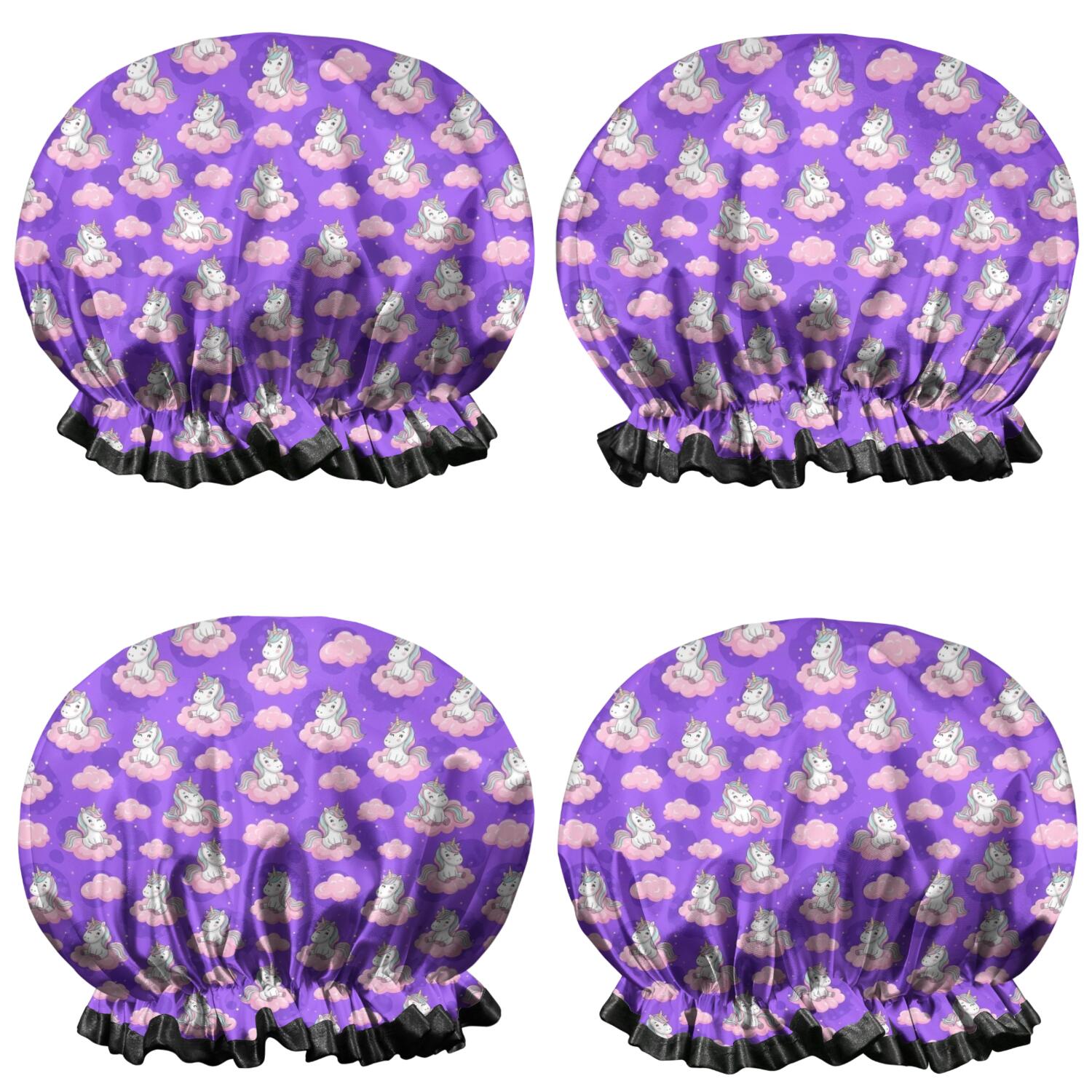 Shower Caps,Purple Cartoon Unicorn Cloud Pattern Waterproof Shower Cap for Women 4 Pieces,Double Reusable Hair Cover for Shower PEVA Elastic Stretch Hem