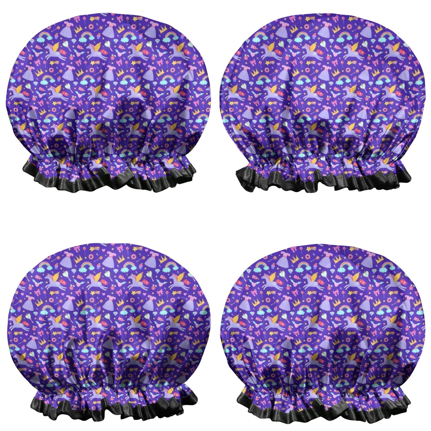 Shower Caps,Purple Cartoon Unicorn Rainbow Crown Waterproof Shower Cap for Women 4 Pieces,Double Reusable Hair Cover for Shower PEVA Elastic Stretch Hem