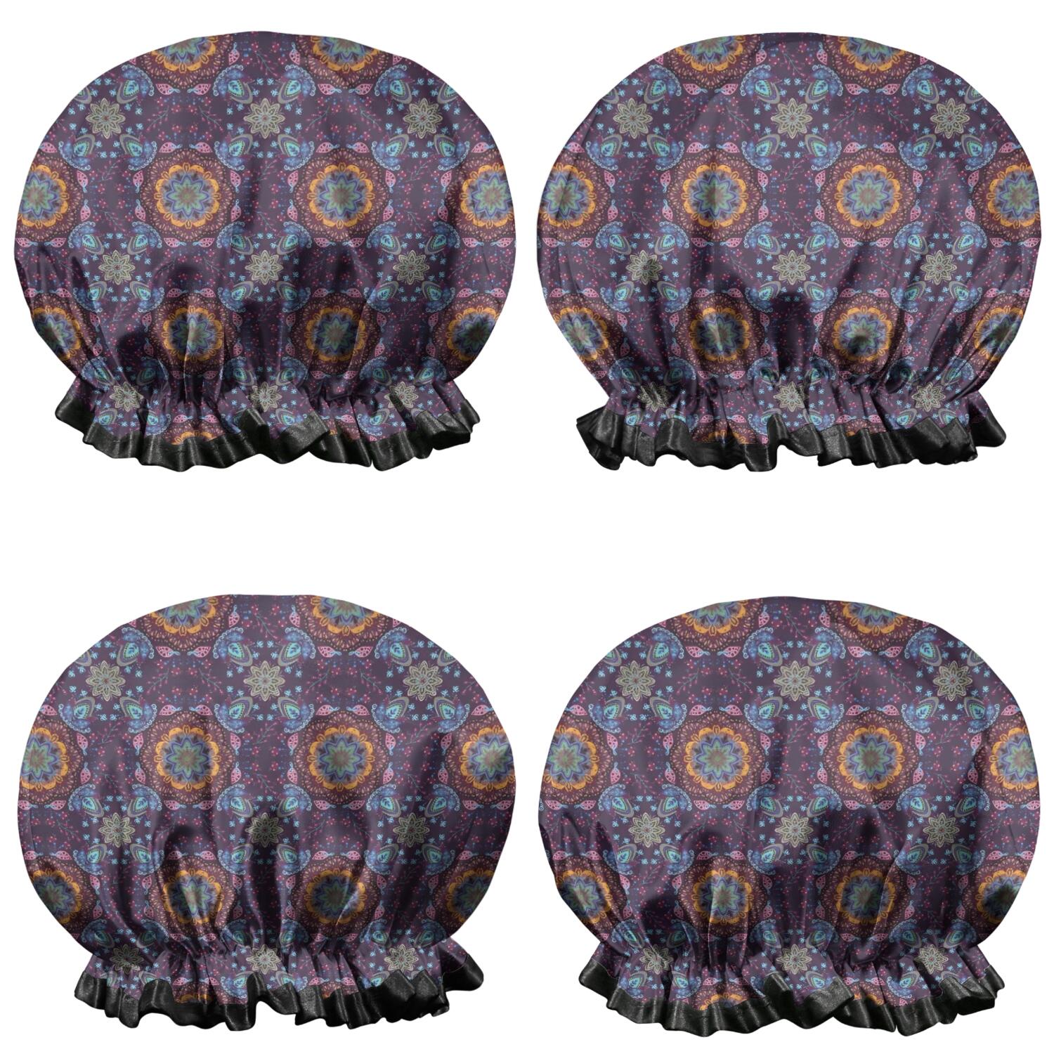 Shower Caps,Purple Circular Floral Pattern Waterproof Shower Cap for Women 4 Pieces,Double Reusable Hair Cover for Shower PEVA Elastic Stretch Hem