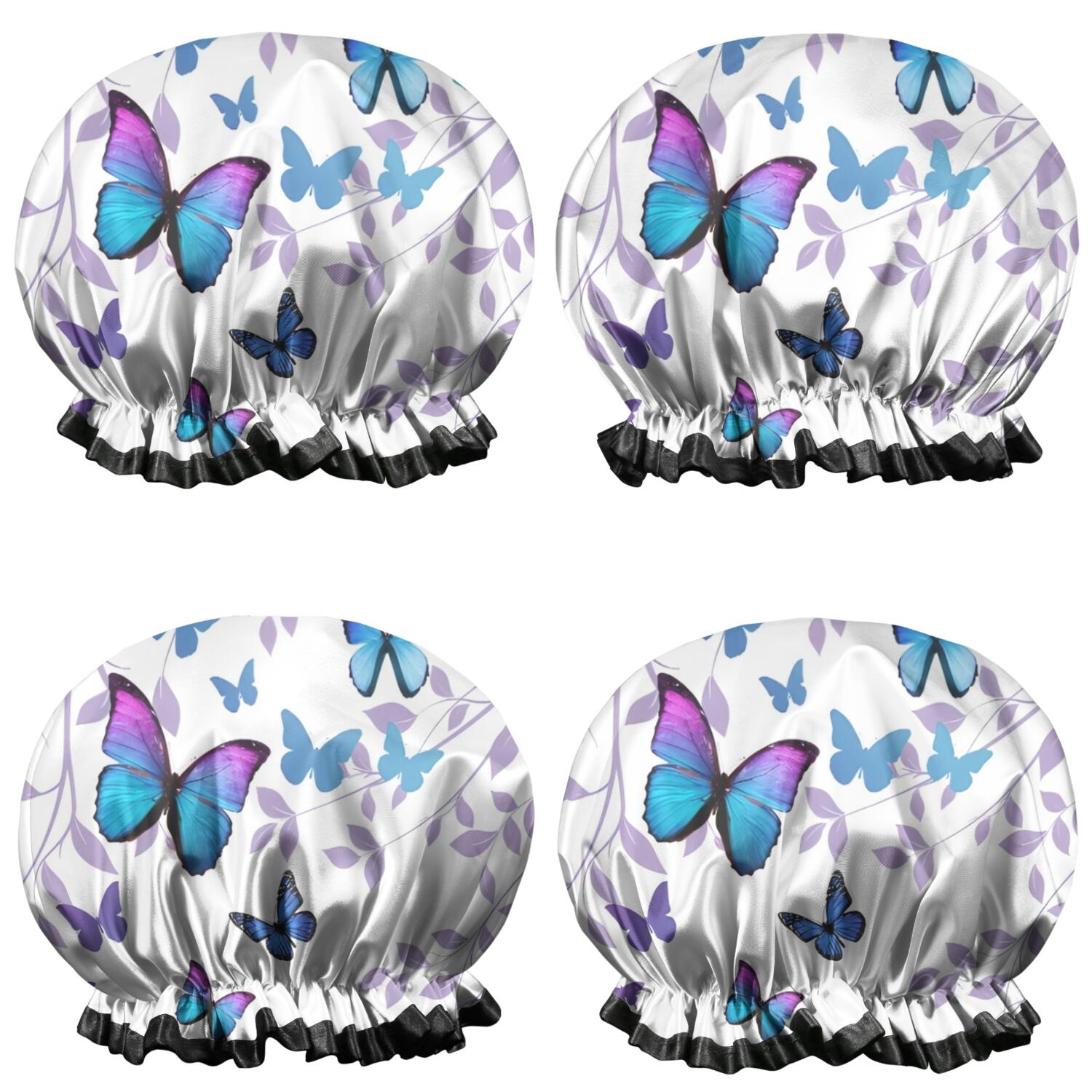 Shower Caps,Purple Leaf Butterfly Pattern Waterproof Shower Cap for Women 4 Pieces,Double Reusable Hair Cover for Shower PEVA Elastic Stretch Hem