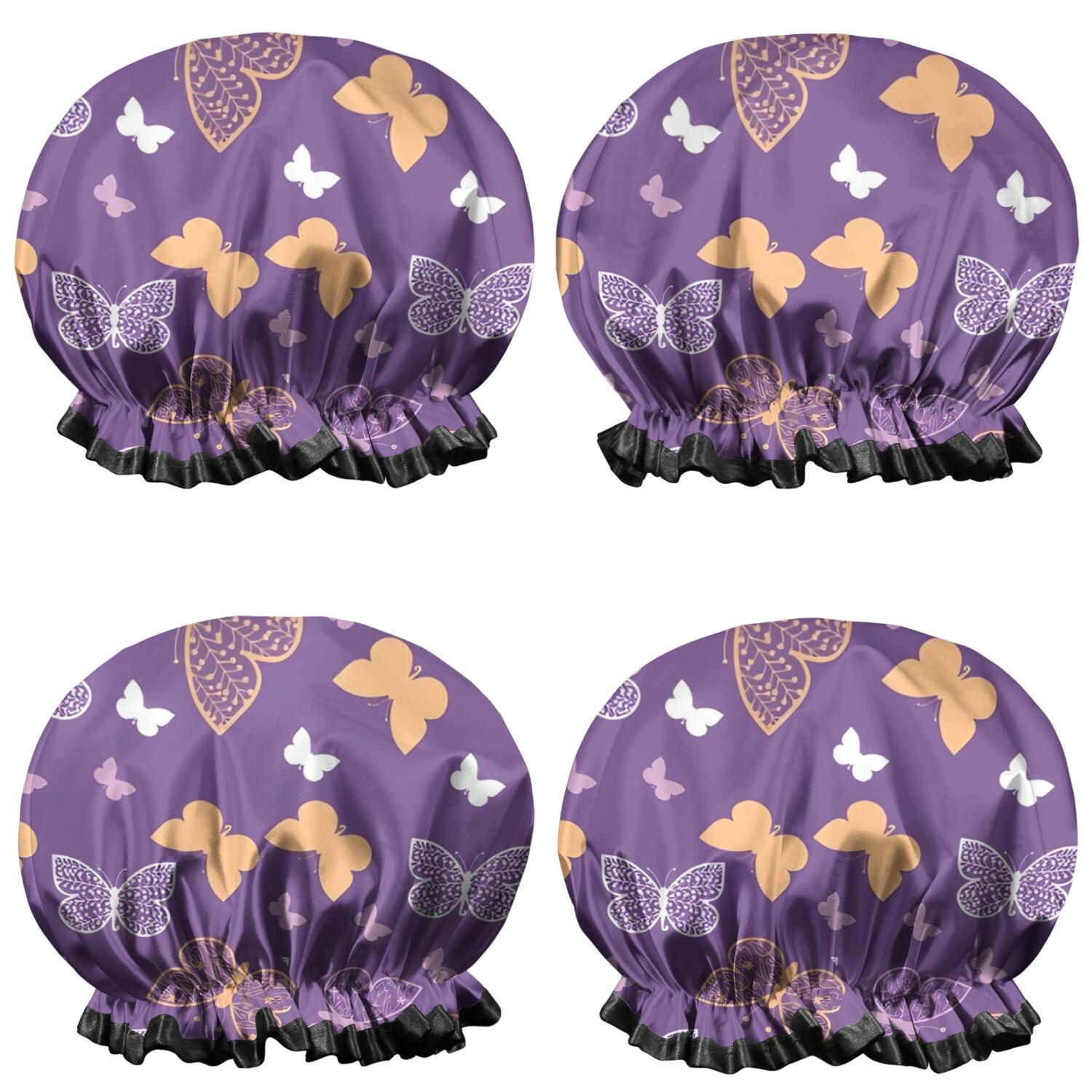 Shower Caps,Purple Orange White Butterfly Pattern Waterproof Shower Cap for Women 4 Pieces,Double Reusable Hair Cover for Shower PEVA Elastic Stretch Hem