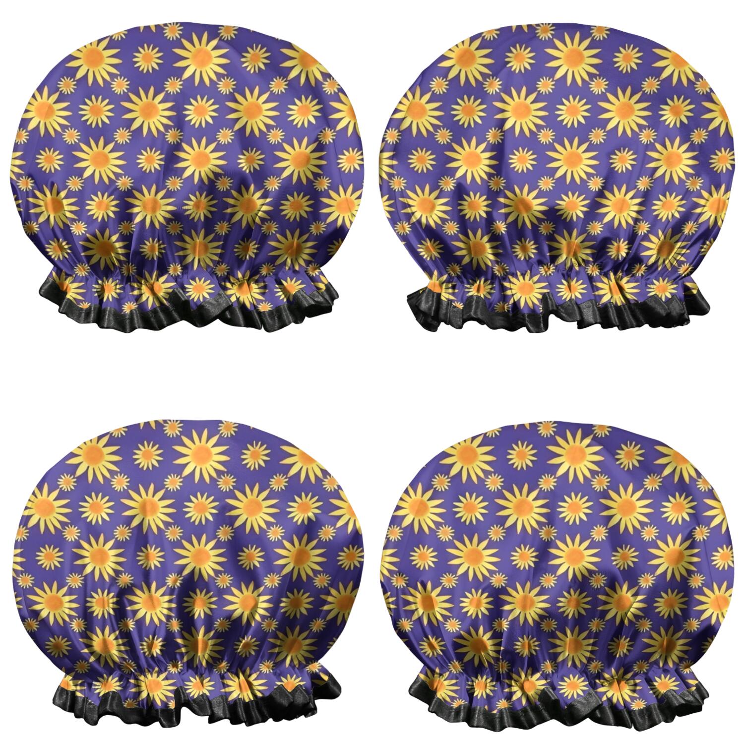 Shower Caps,Purple Sunflower Pattern Waterproof Shower Cap for Women 4 Pieces,Double Reusable Hair Cover for Shower PEVA Elastic Stretch Hem