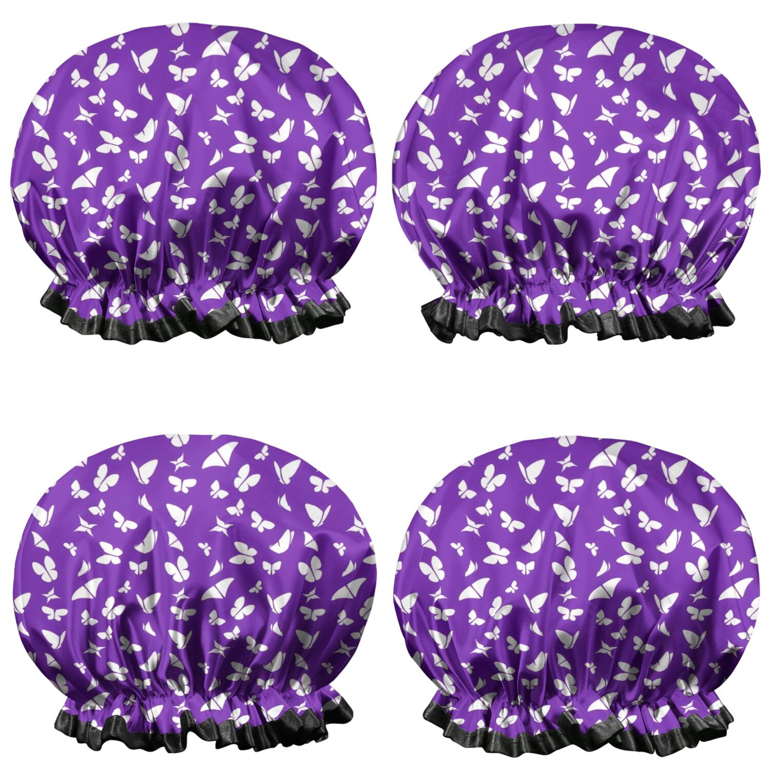 Shower Caps,Purple White Butterfly Pattern Waterproof Shower Cap for Women 4 Pieces,Double Reusable Hair Cover for Shower PEVA Elastic Stretch Hem
