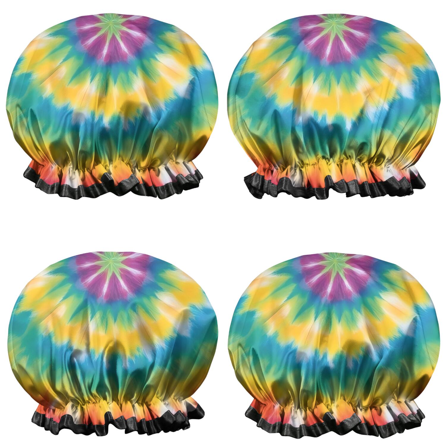 Shower Caps,Rainbow Tie Dye Mandala Pattern Waterproof Shower Cap for Women 4 Pieces,Double Reusable Hair Cover for Shower PEVA Elastic Stretch Hem