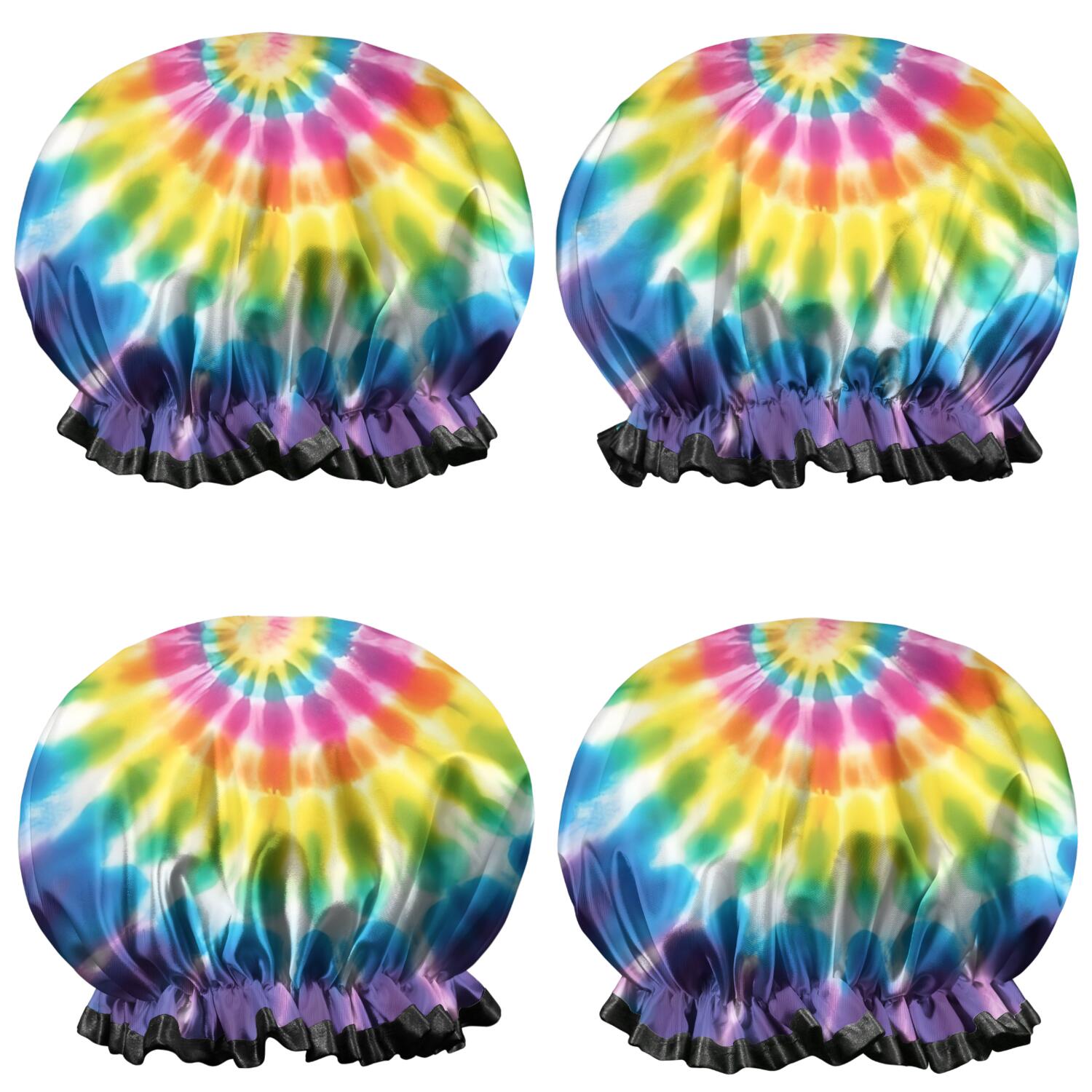 Shower Caps,Rainbow Tie Dye Mandala Pattern Waterproof Shower Cap for Women 4 Pieces,Double Reusable Hair Cover for Shower PEVA Elastic Stretch Hem