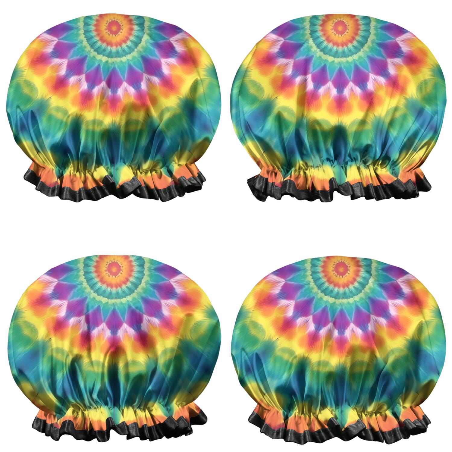 Shower Caps,Rainbow Tie Dye Mandala Pattern Waterproof Shower Cap for Women 4 Pieces,Double Reusable Hair Cover for Shower PEVA Elastic Stretch Hem