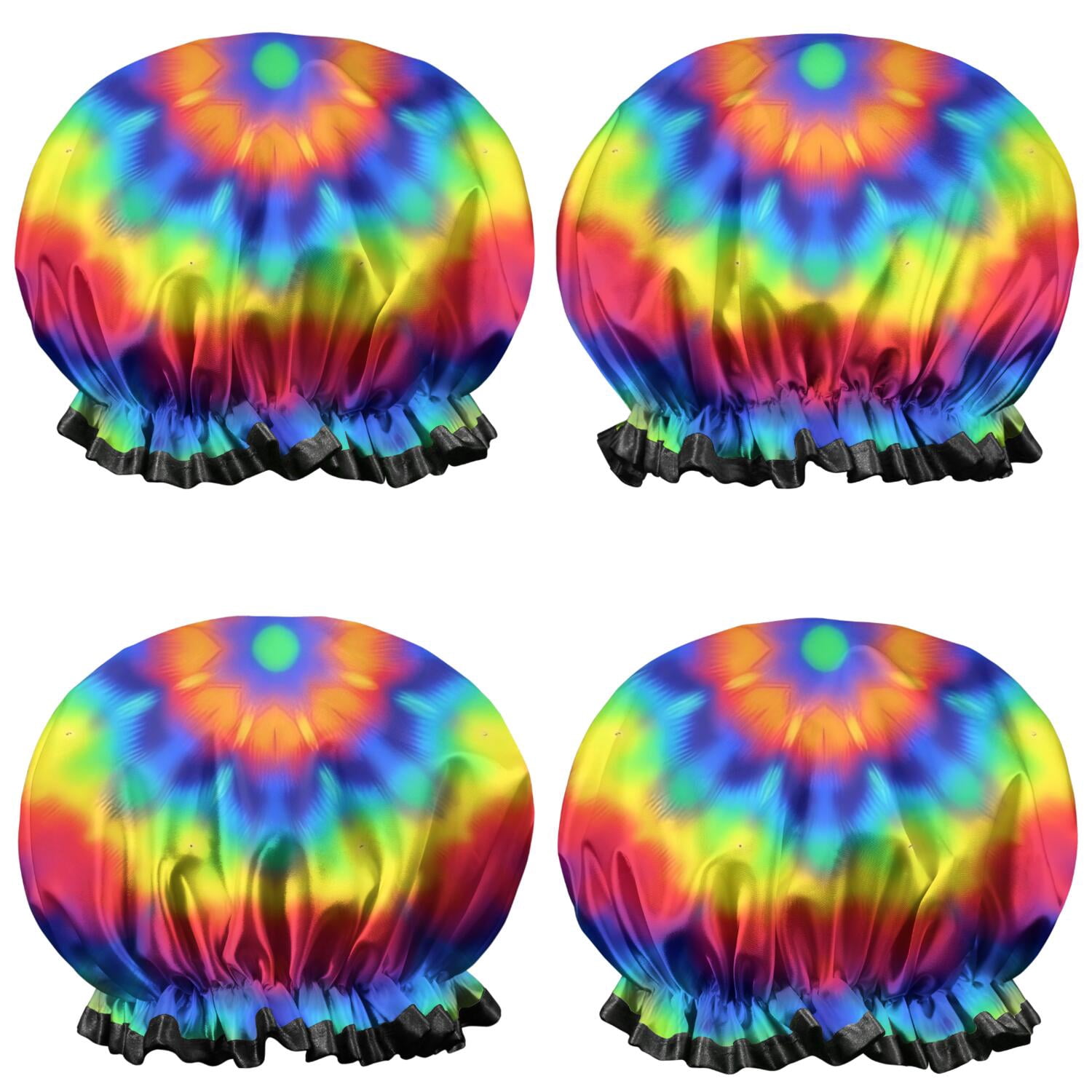 Shower Caps,Rainbow Tie Dye Mandala Pattern Waterproof Shower Cap for Women 4 Pieces,Double Reusable Hair Cover for Shower PEVA Elastic Stretch Hem