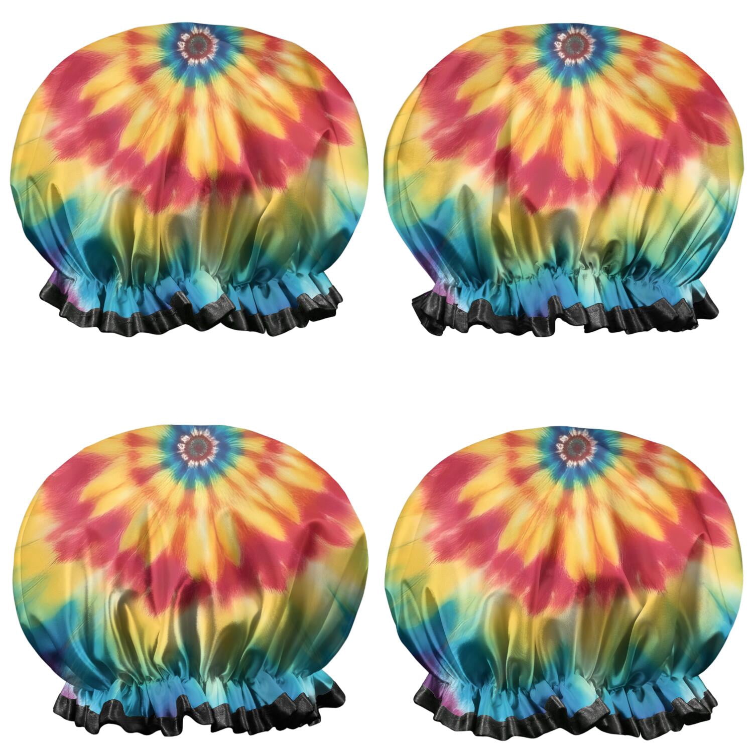 Shower Caps,Rainbow Tie Dye Mandala Pattern Waterproof Shower Cap for Women 4 Pieces,Double Reusable Hair Cover for Shower PEVA Elastic Stretch Hem