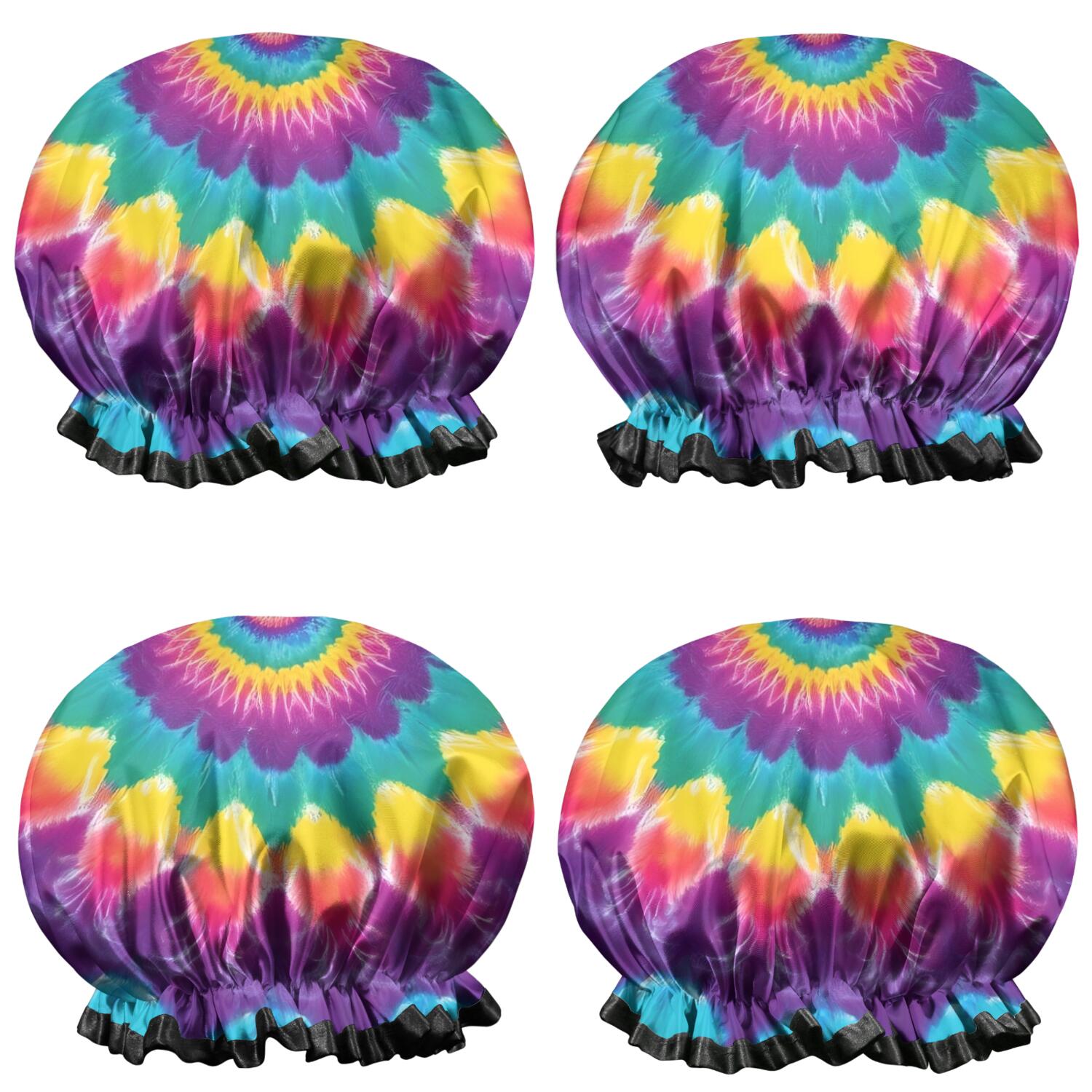 Shower Caps,Rainbow Tie Dye Radial Pattern Waterproof Shower Cap for Women 4 Pieces,Double Reusable Hair Cover for Shower PEVA Elastic Stretch Hem