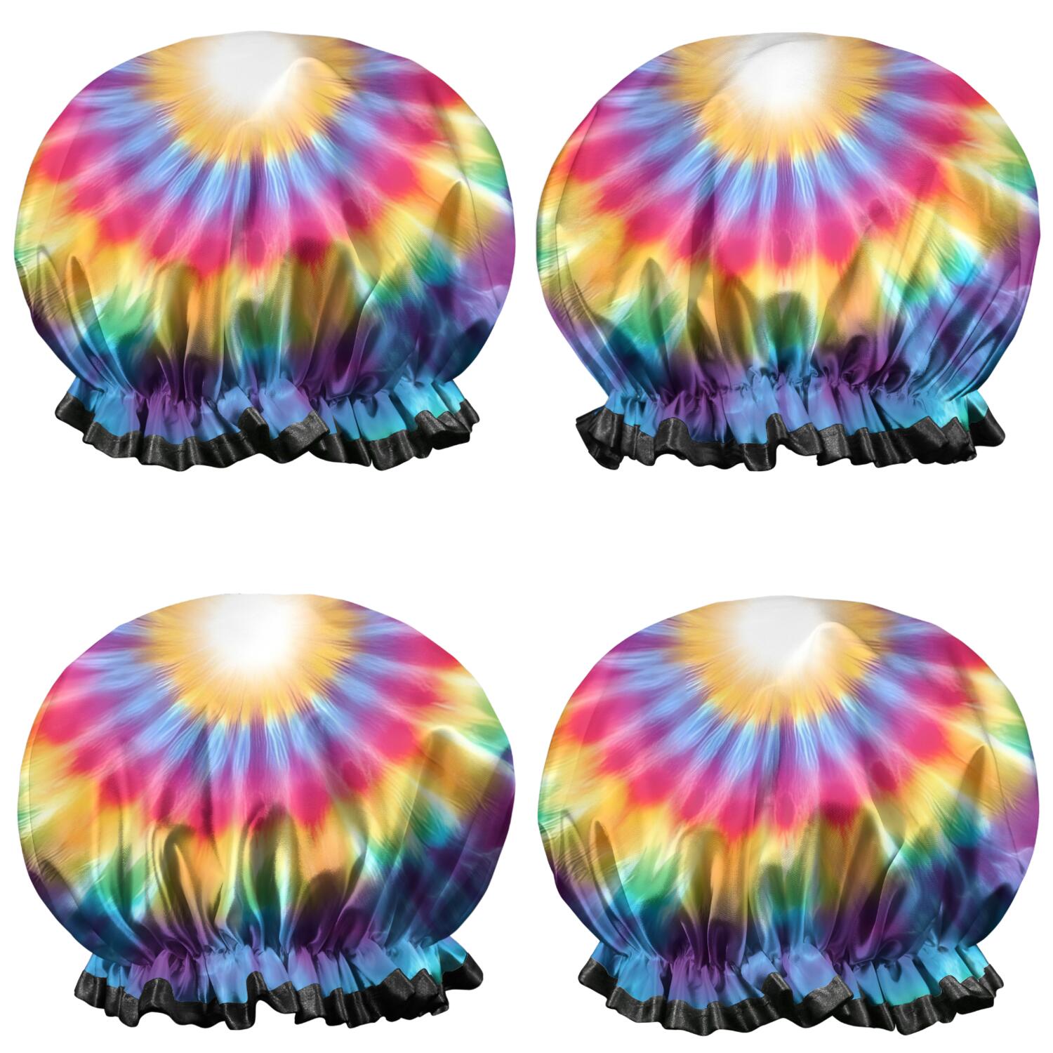 Shower Caps,Rainbow Tie Dye Radial Pattern Waterproof Shower Cap for Women 4 Pieces,Double Reusable Hair Cover for Shower PEVA Elastic Stretch Hem