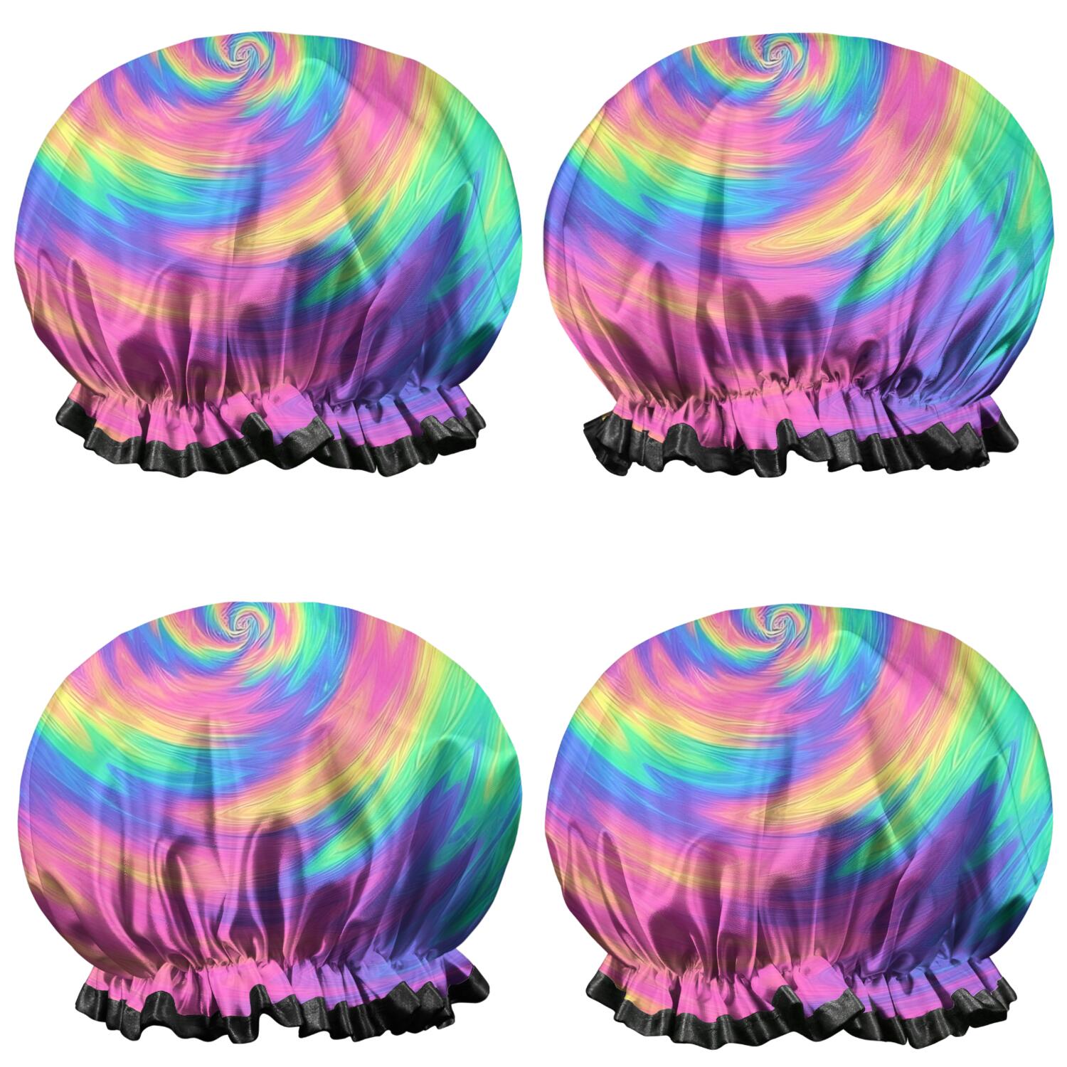 Shower Caps,Rainbow Tie Dye Spiral Pattern Waterproof Shower Cap for Women 4 Pieces,Double Reusable Hair Cover for Shower PEVA Elastic Stretch Hem