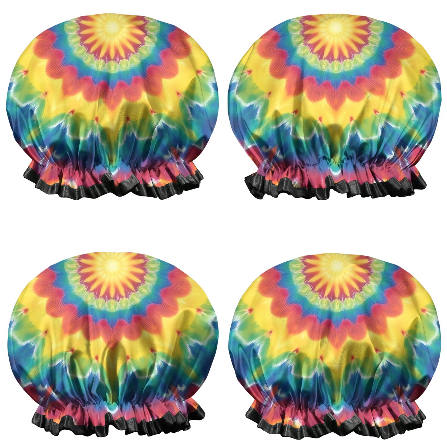 Shower Caps,Rainbow Tie Dye Star Mandala Pattern Waterproof Shower Cap for Women 4 Pieces,Double Reusable Hair Cover for Shower PEVA Elastic Stretch Hem