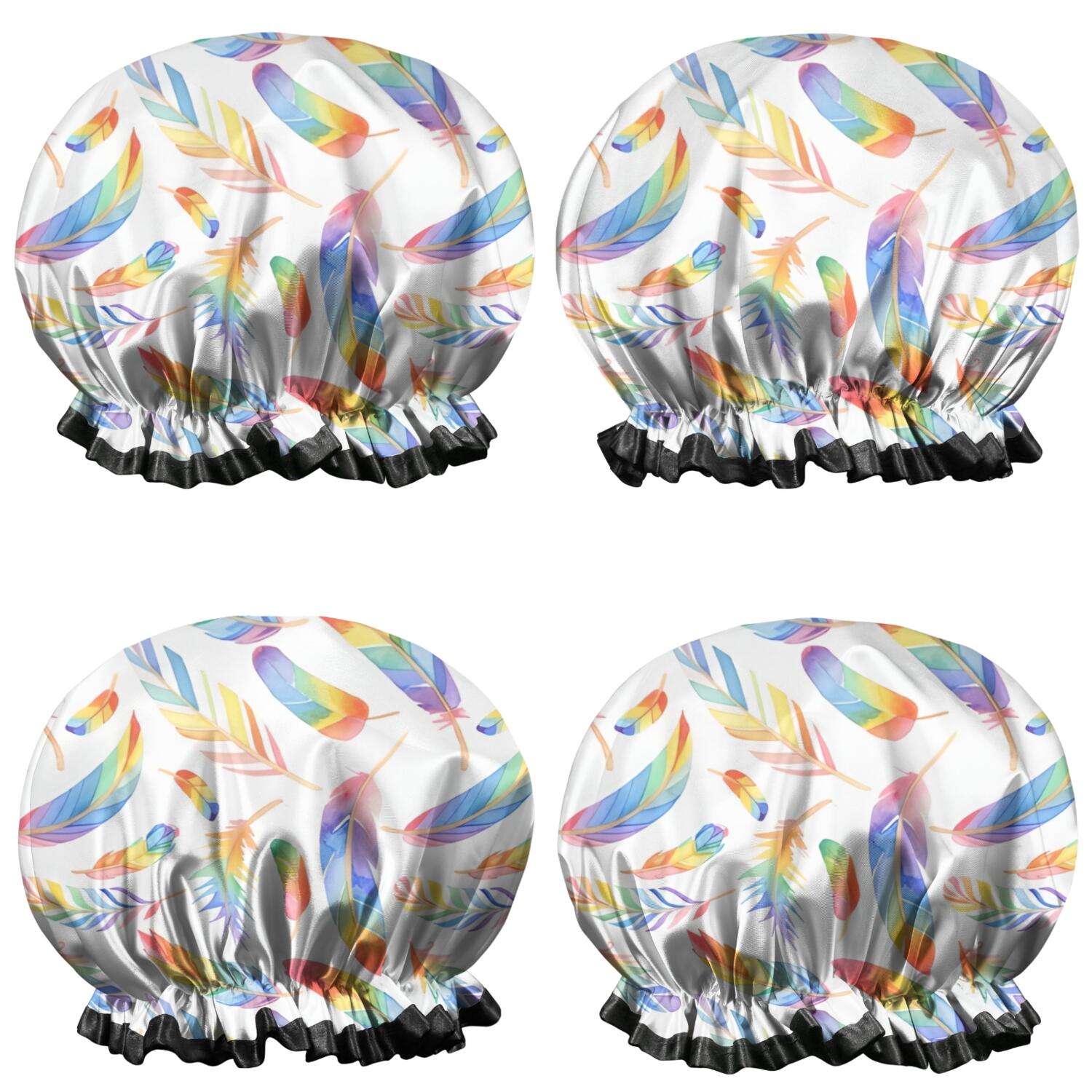 Shower Caps,Rainbow Watercolor Feather Pattern Waterproof Shower Cap for Women 4 Pieces,Double Reusable Hair Cover for Shower PEVA Elastic Stretch Hem