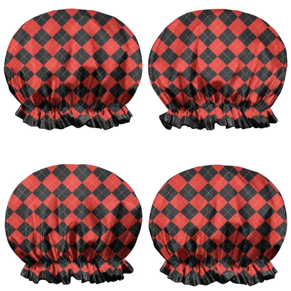 Shower Caps,Red Black Checkerboard Checkered Pattern Waterproof Shower Cap for Women 4 Pieces,Double Reusable Hair Cover for Shower PEVA Elastic Stretch Hem