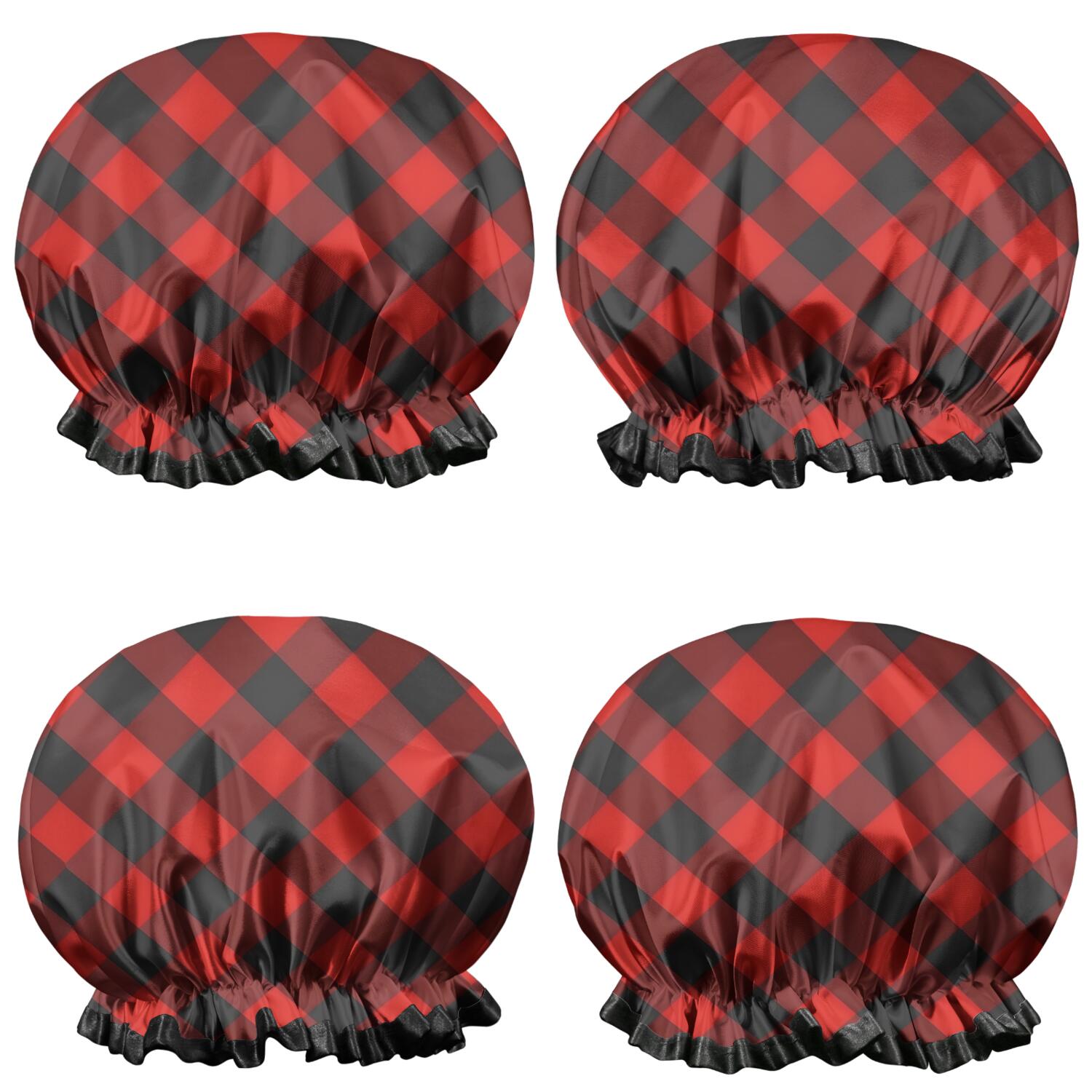 Shower Caps,Red Black Checkerboard Checkered Pattern Waterproof Shower Cap for Women 4 Pieces,Double Reusable Hair Cover for Shower PEVA Elastic Stretch Hem