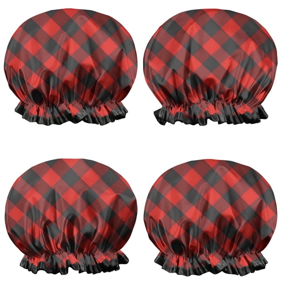 Shower Caps,Red Black Checkerboard Checkered Pattern Waterproof Shower Cap for Women 4 Pieces,Double Reusable Hair Cover for Shower PEVA Elastic Stretch Hem