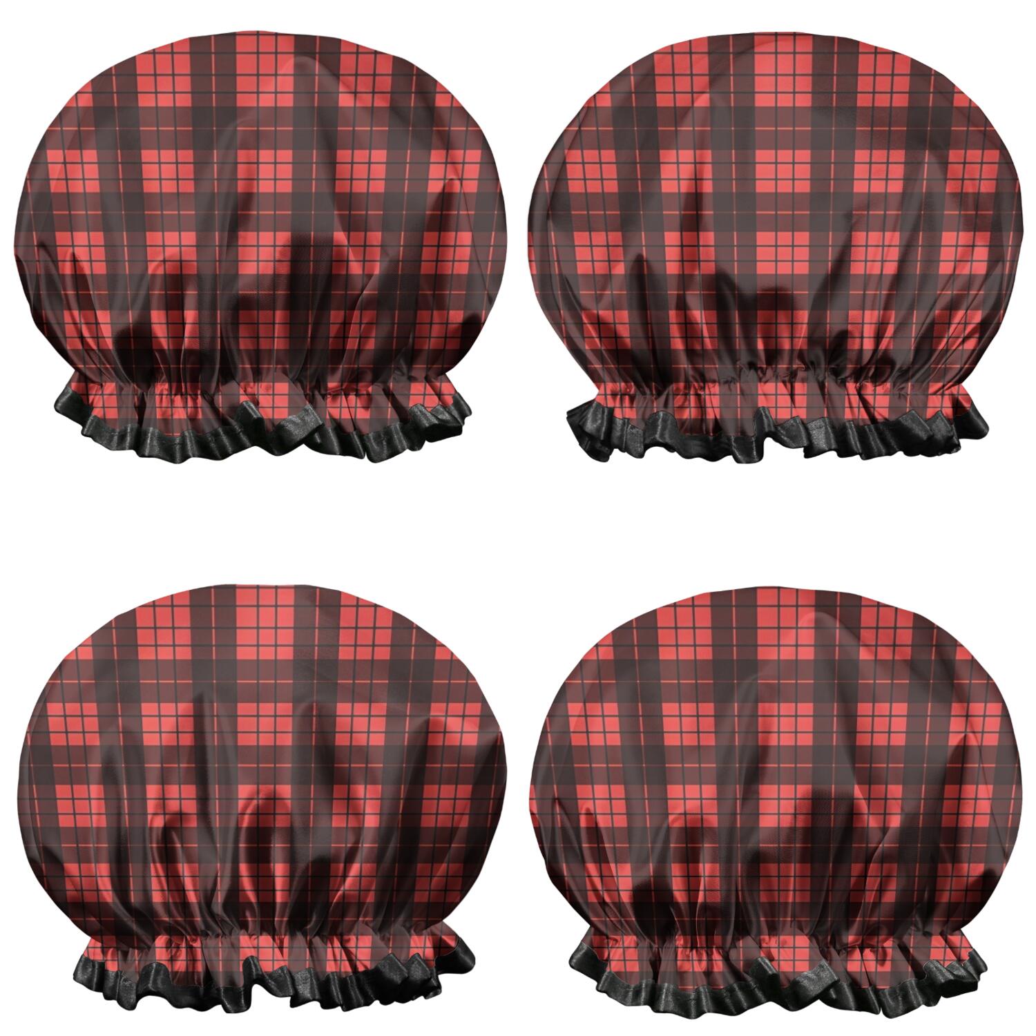 Shower Caps,Red and Black Christmas Plaid Pattern Waterproof Shower Cap for Women 4 Pieces,Double Reusable Hair Cover for Shower PEVA Elastic Stretch Hem