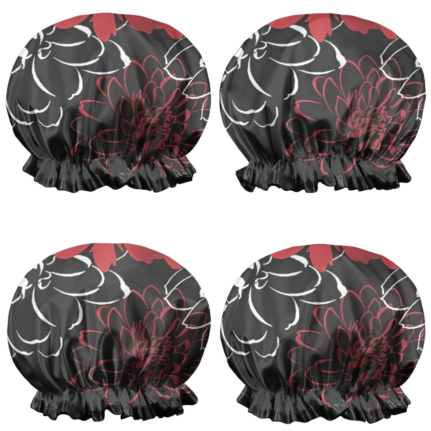Shower Caps,Red and Black Pioneer Flower Pattern Waterproof Shower Cap for Women 4 Pieces,Double Reusable Hair Cover for Shower PEVA Elastic Stretch Hem